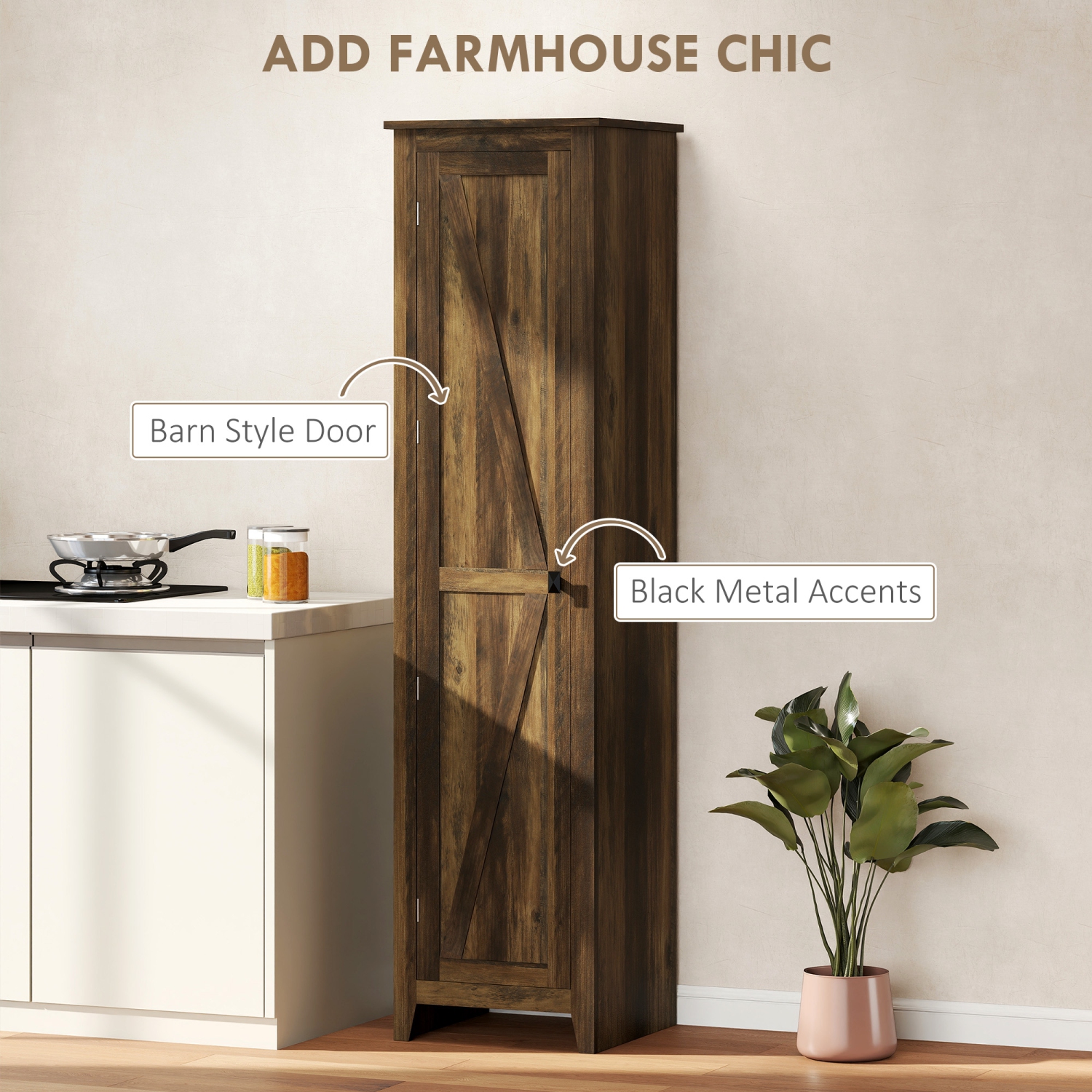 HOMCOM – Armoire garde-manger de cuisine de 67&nbsp;po, armoire de rangement de cuisine autonome avec porte de grange et tablettes réglables, grain