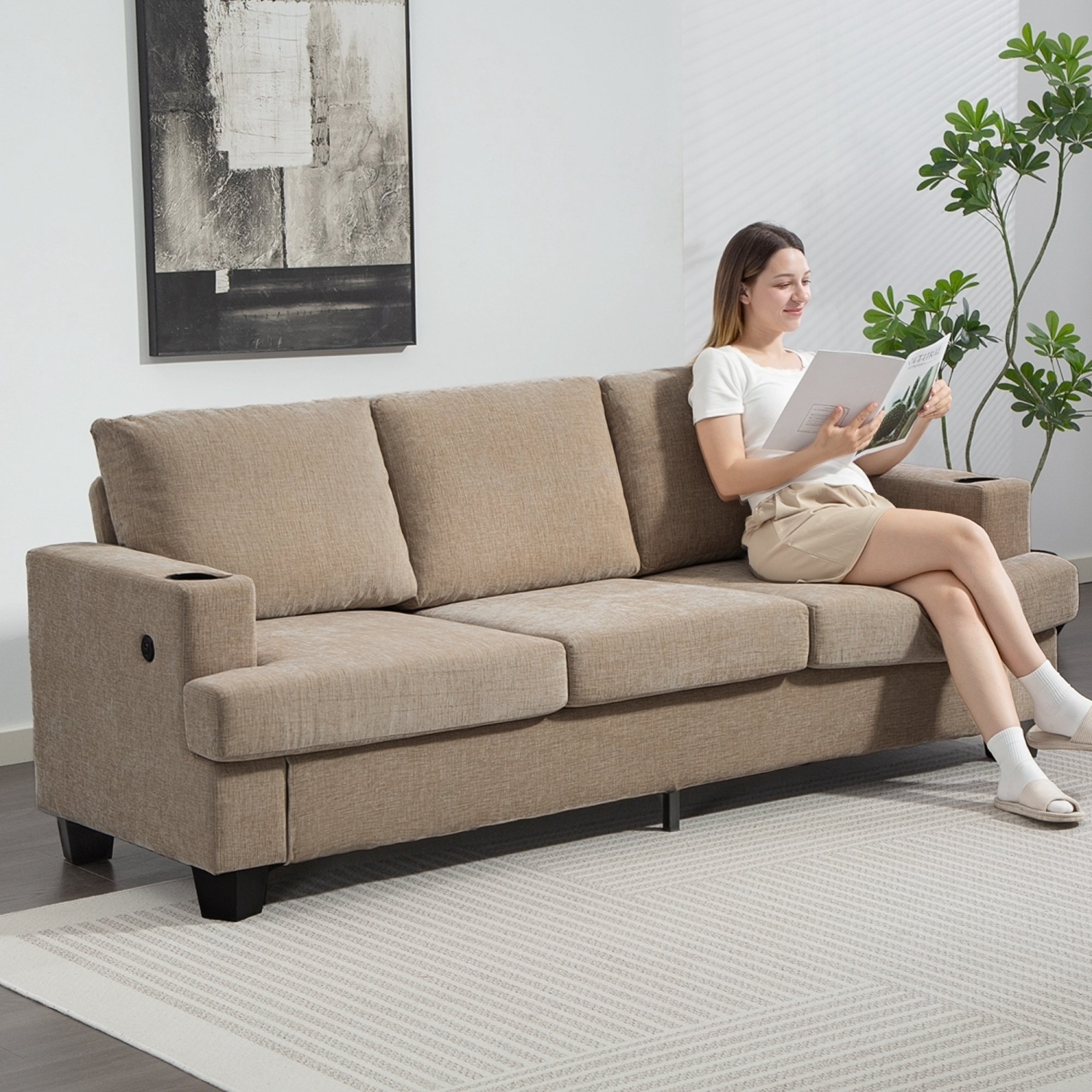 HOMCOM 3 Seater Sofa with USB Charging Ports & Cup Holders, 84" Modern Chenille-Feel Upholstered Couch with Thick Padded and Steel Frame for Living