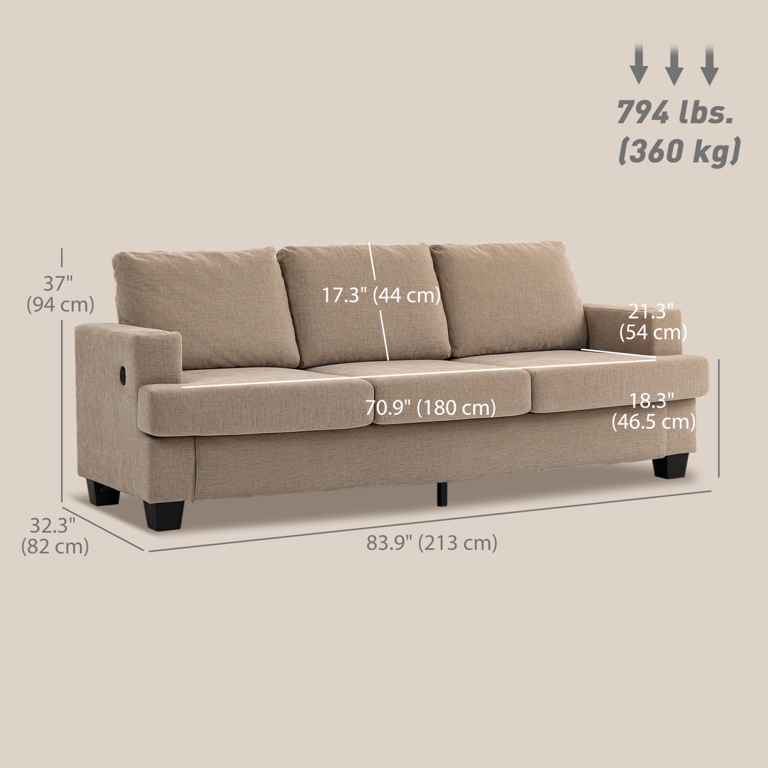 HOMCOM 3 Seater Sofa with USB Charging Ports & Cup Holders, 84" Modern Chenille-Feel Upholstered Couch with Thick Padded and Steel Frame for Living