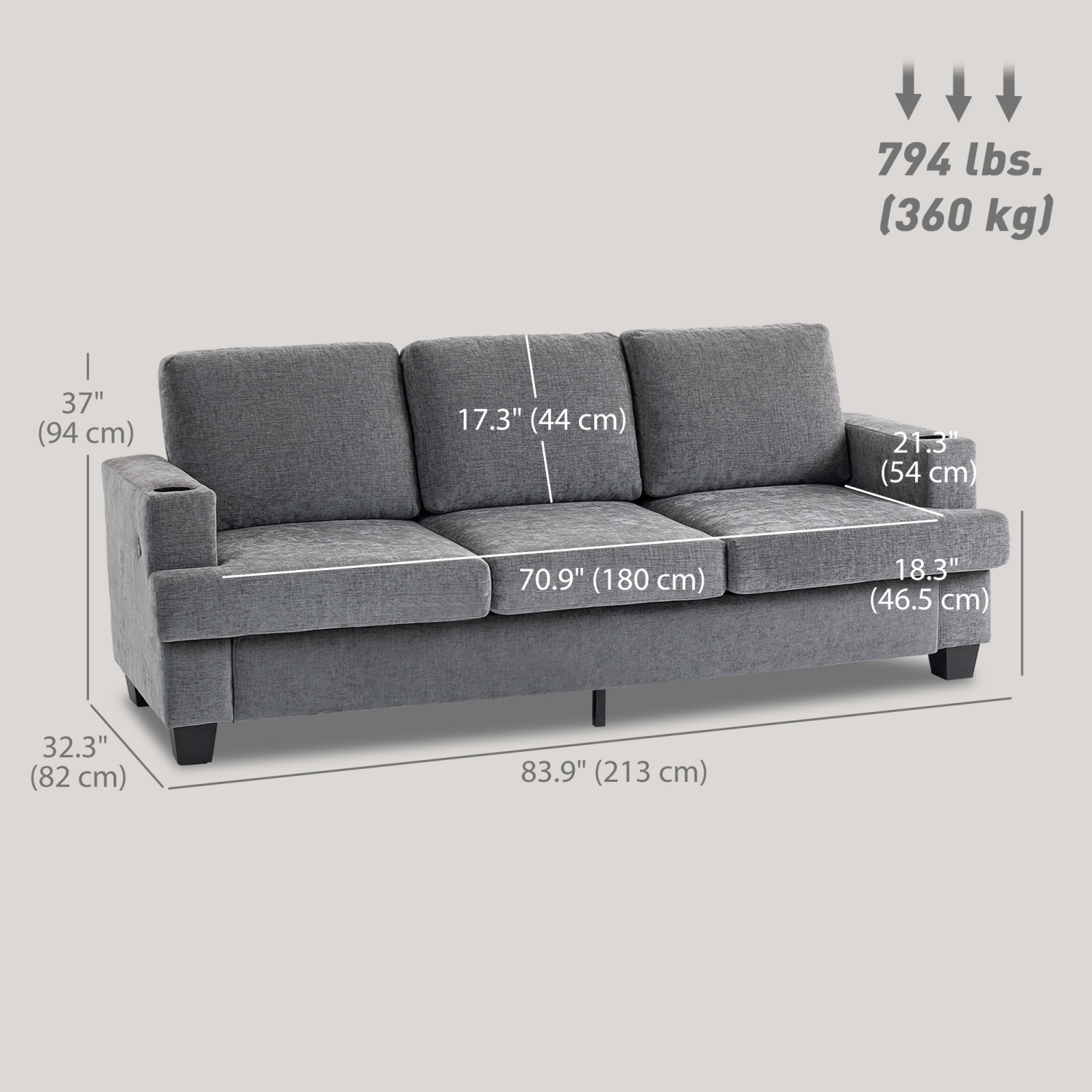 HOMCOM 3 Seater Sofa with USB Charging Ports & Cup Holders, 84" Modern Chenille-Feel Upholstered Couch with Thick Padded and Steel Frame for Living
