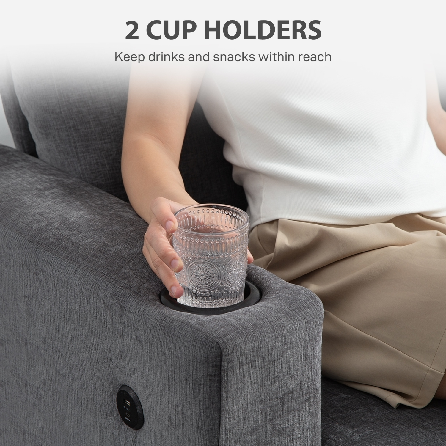 HOMCOM 3 Seater Sofa with USB Charging Ports & Cup Holders, 84" Modern Chenille-Feel Upholstered Couch with Thick Padded and Steel Frame for Living