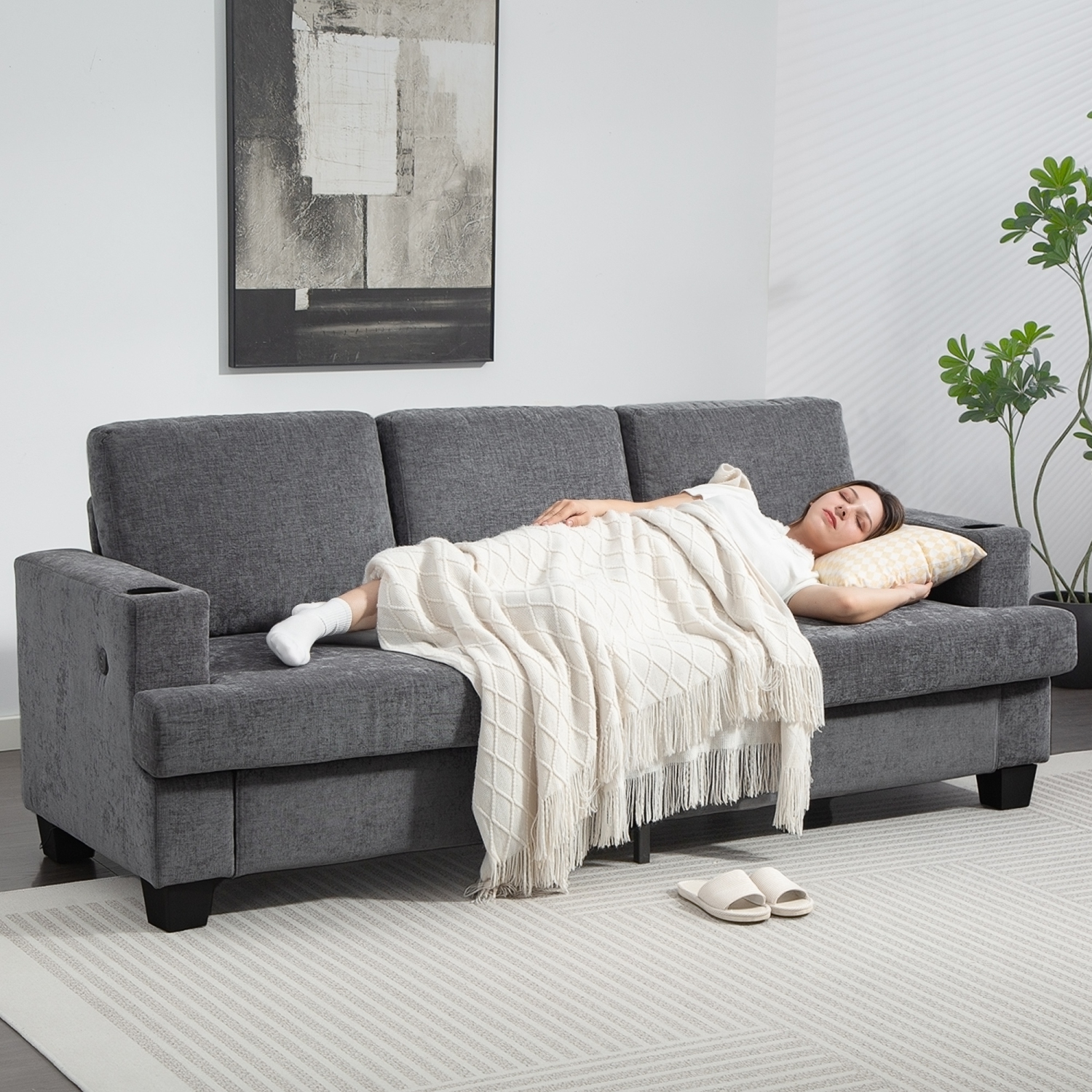 HOMCOM 3 Seater Sofa with USB Charging Ports & Cup Holders, 84" Modern Chenille-Feel Upholstered Couch with Thick Padded and Steel Frame for Living