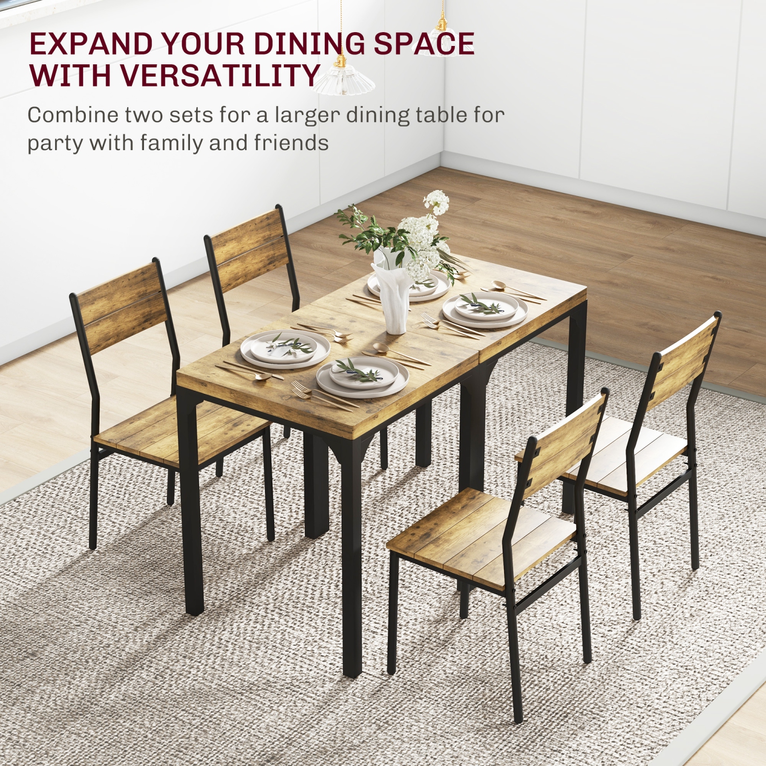HOMCOM Dining Table Set for 2, 3 Piece Space Saving Kitchen Table and Chairs with Metal Legs, Dining Set for Small Spaces, Rustic Brown