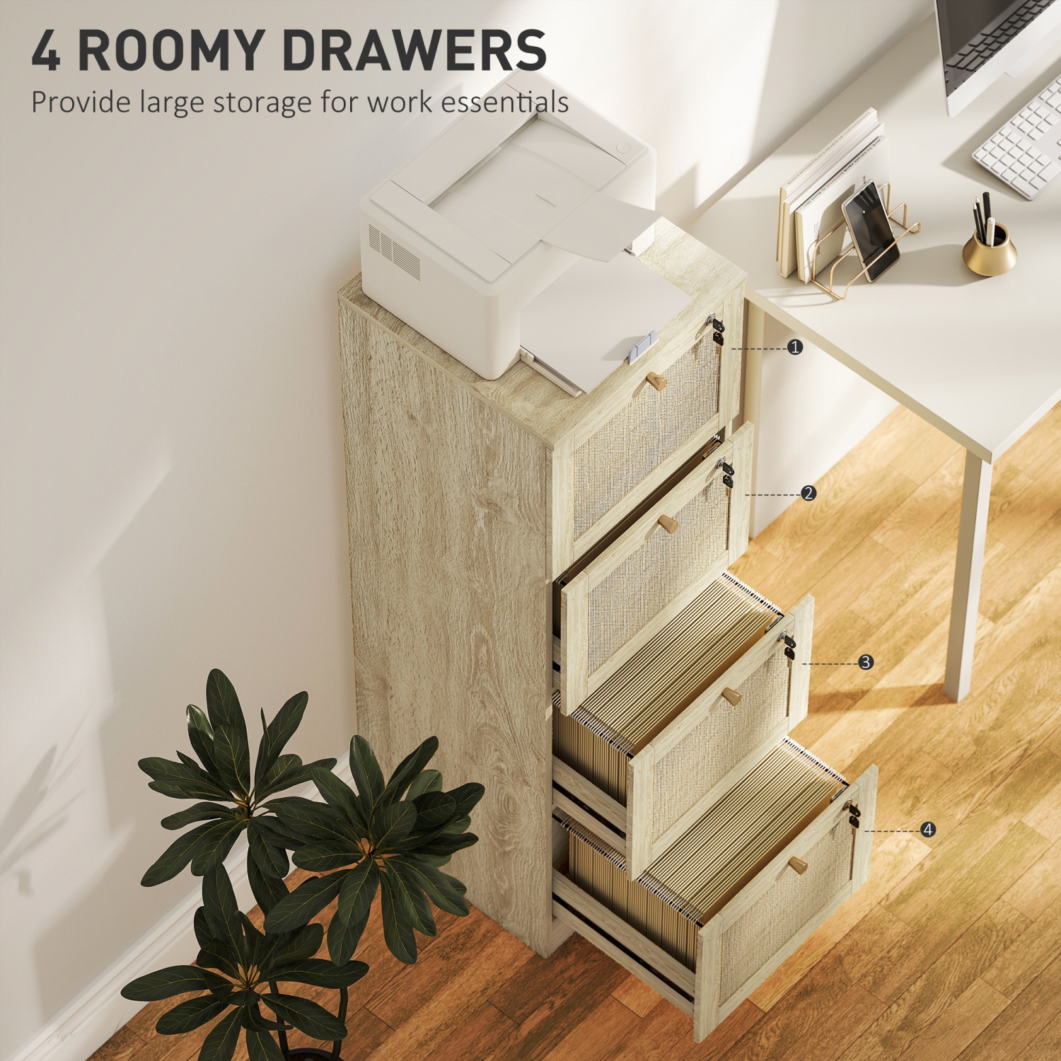 HOMCOM – Classeur à 4 tiroirs avec verrou, classeur vertical Boho pour dossiers de format lettre A4, meuble pour imprimante avec garnitures