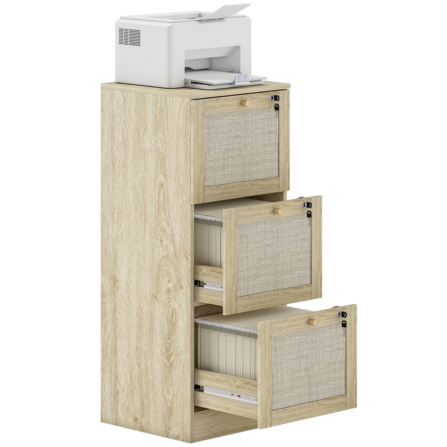 HOMCOM – Classeur à 3 tiroirs avec verrou, classeur vertical Boho pour dossiers de format lettre A4, meuble pour imprimante avec garnitures