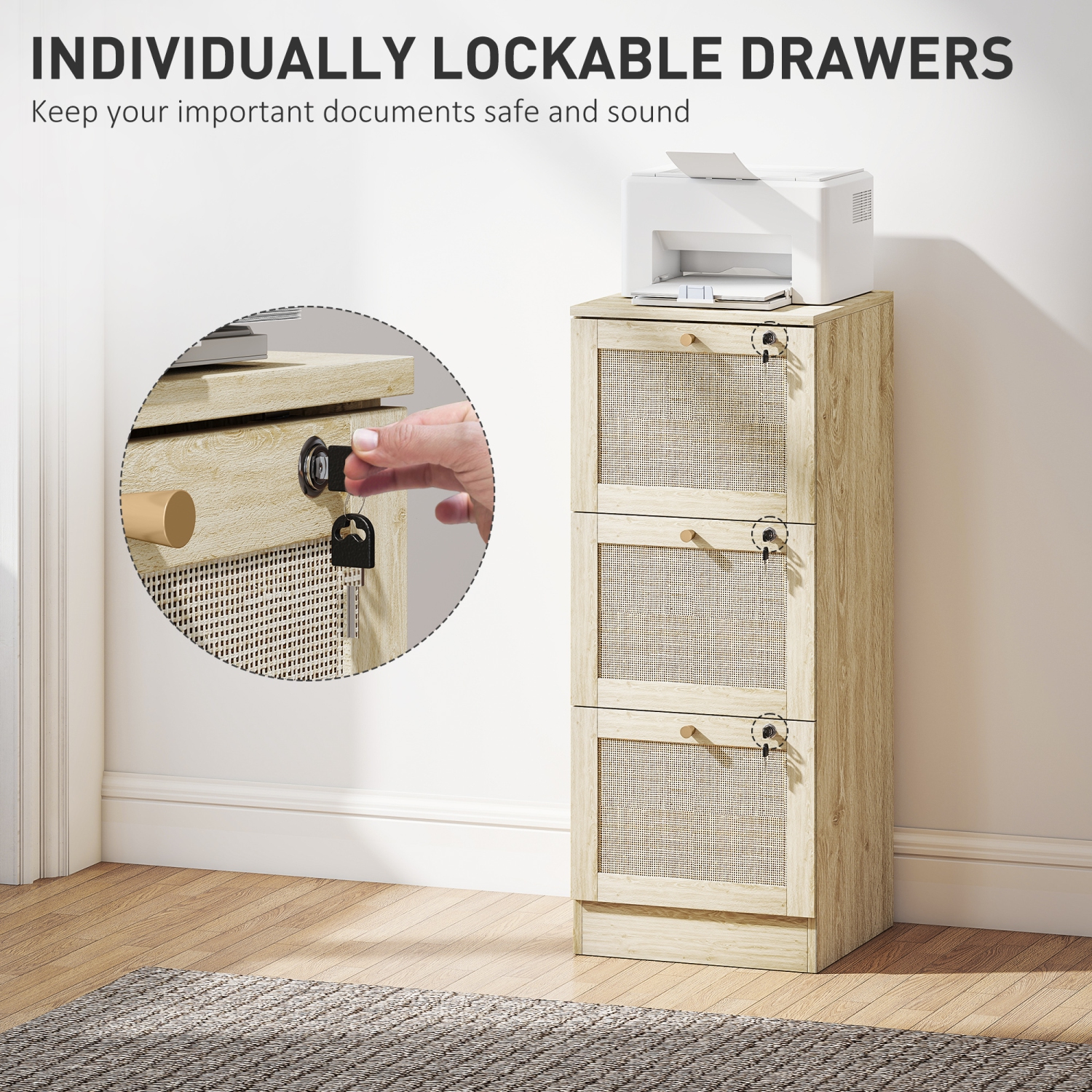HOMCOM – Classeur à 3 tiroirs avec verrou, classeur vertical Boho pour dossiers de format lettre A4, meuble pour imprimante avec garnitures