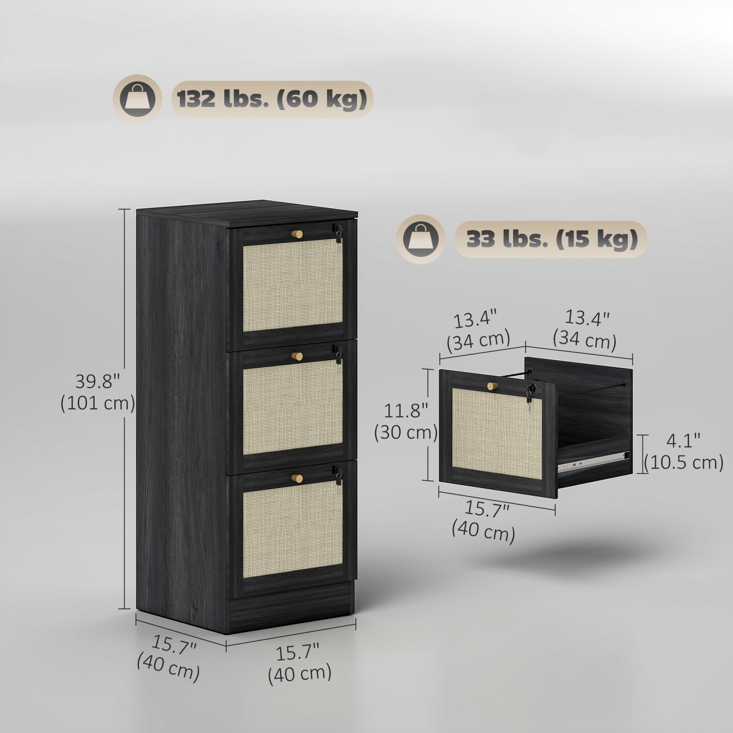 HOMCOM – Classeur à 3 tiroirs avec verrou, classeur vertical Boho pour dossiers de format lettre A4, meuble pour imprimante avec garnitures