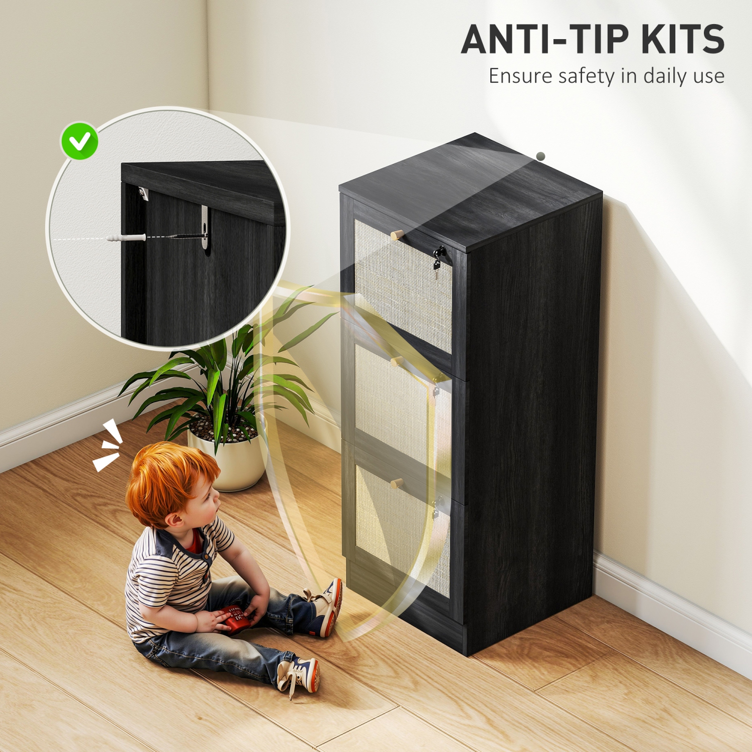 HOMCOM – Classeur à 3 tiroirs avec verrou, classeur vertical Boho pour dossiers de format lettre A4, meuble pour imprimante avec garnitures