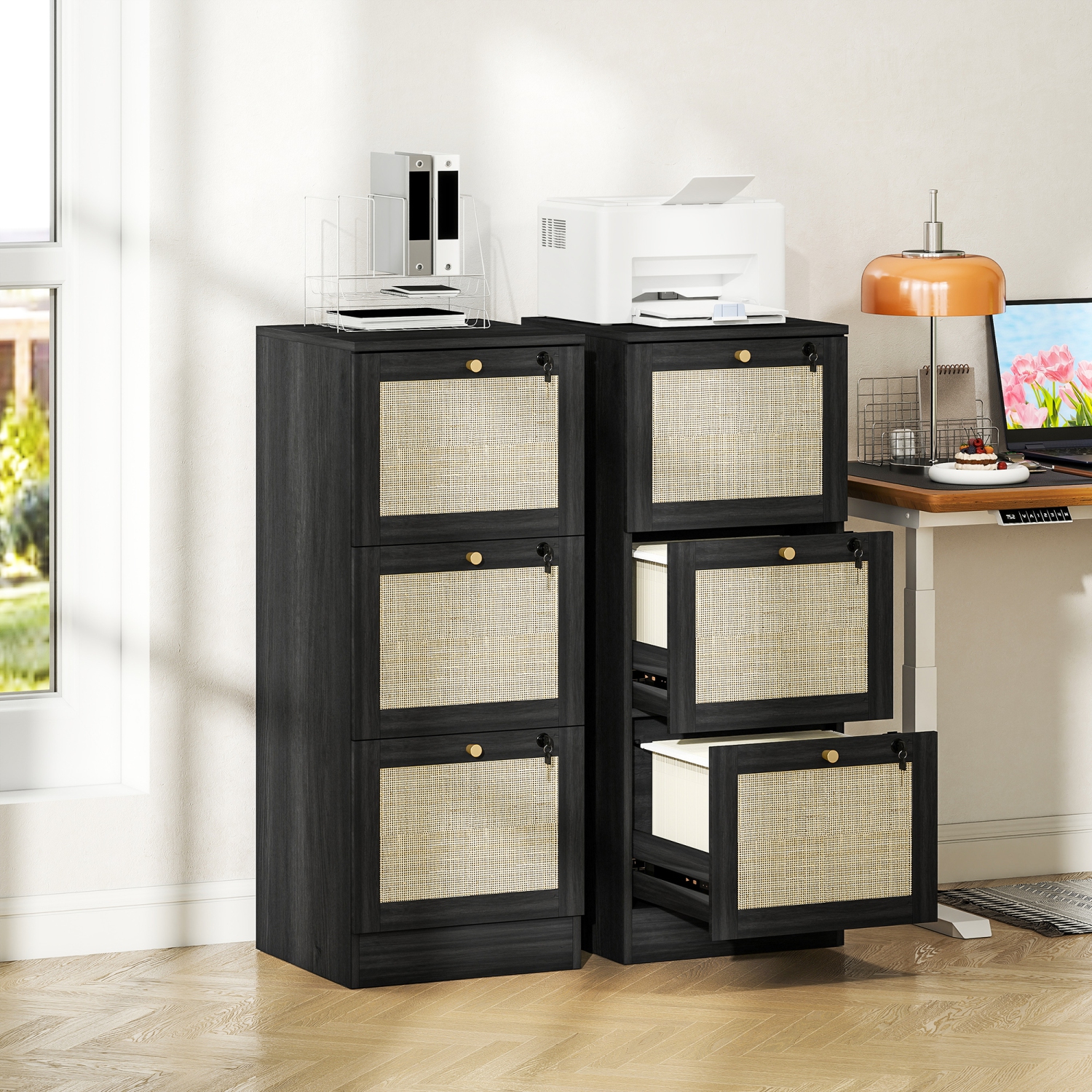 HOMCOM – Classeur à 3 tiroirs avec verrou, classeur vertical Boho pour dossiers de format lettre A4, meuble pour imprimante avec garnitures