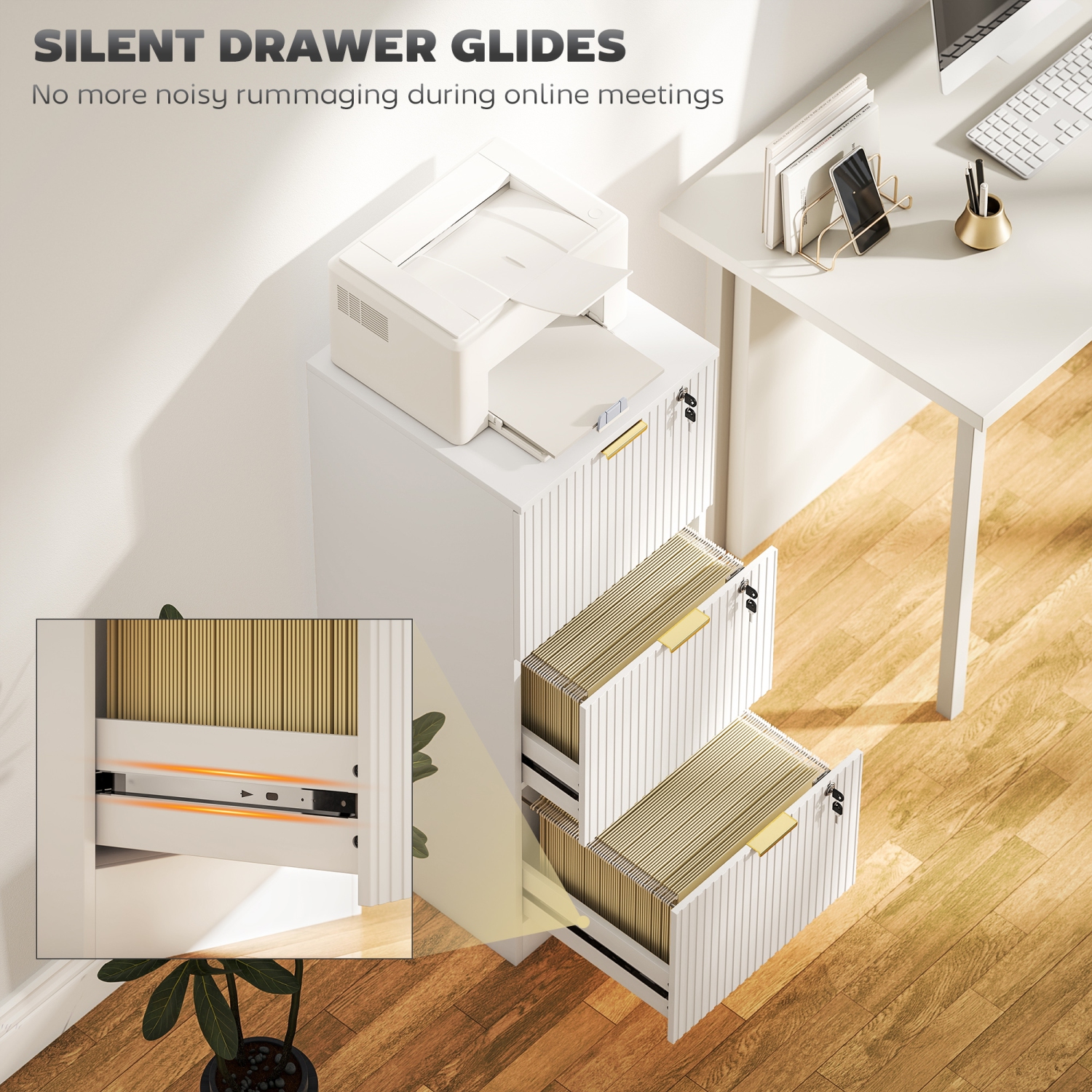 HOMCOM 3 Drawer File Cabinet, Fluted Vertical Filing Cabinet with Lock and Adjustable Hanging Rails for A4 Letter Size Files, Printer Stand with