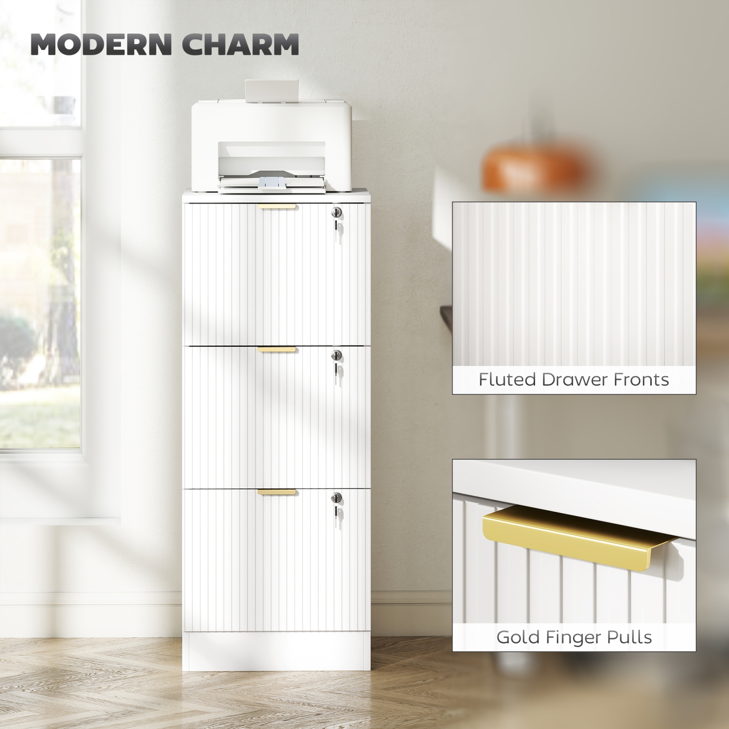 HOMCOM 3 Drawer File Cabinet, Fluted Vertical Filing Cabinet with Lock and Adjustable Hanging Rails for A4 Letter Size Files, Printer Stand with