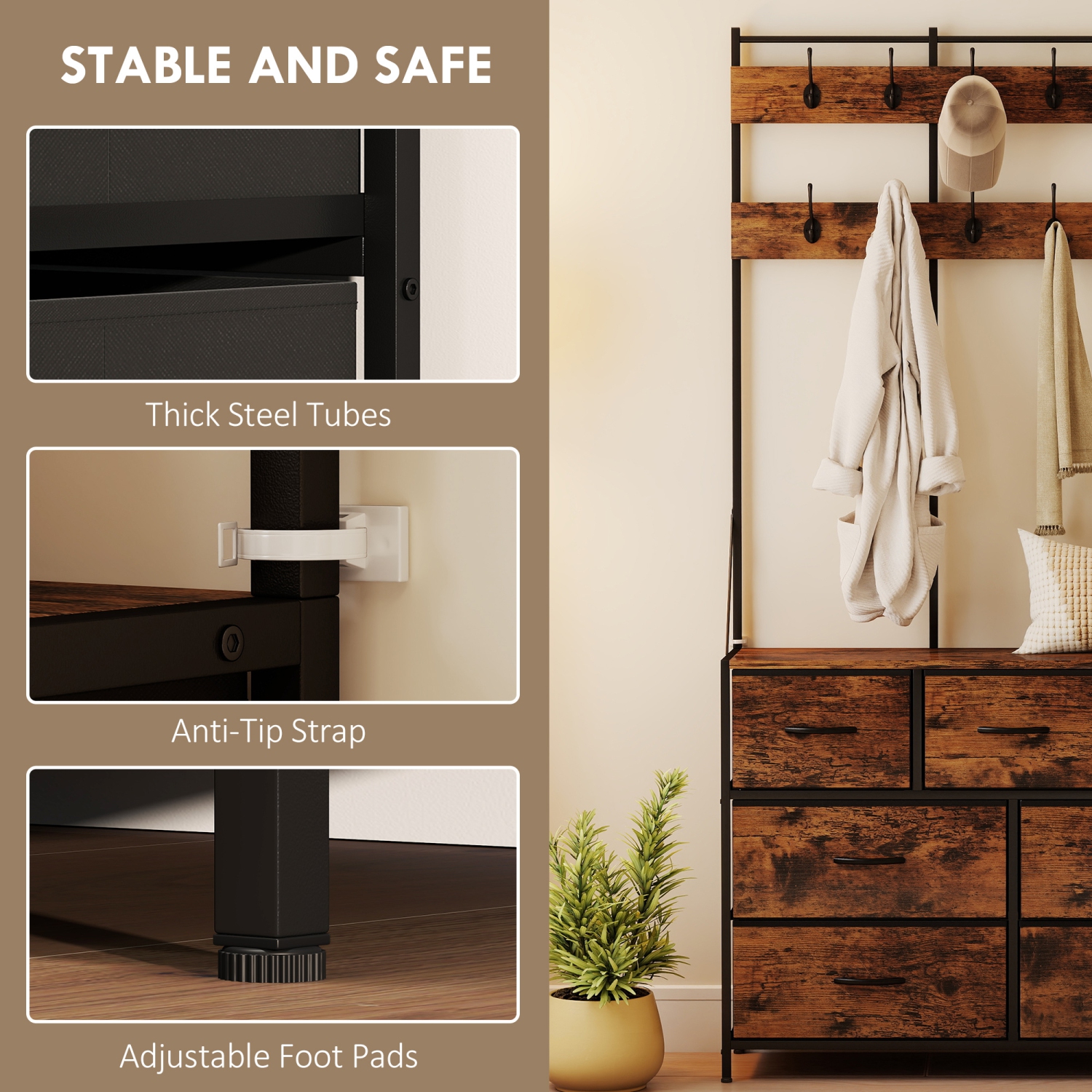 Portemanteau 4-en-1 avec commode en tissu de HOMCOM, portemanteau industriel à 7 tiroirs, 14 crochets, panneau grillagé, porte-manteau pour couloir,