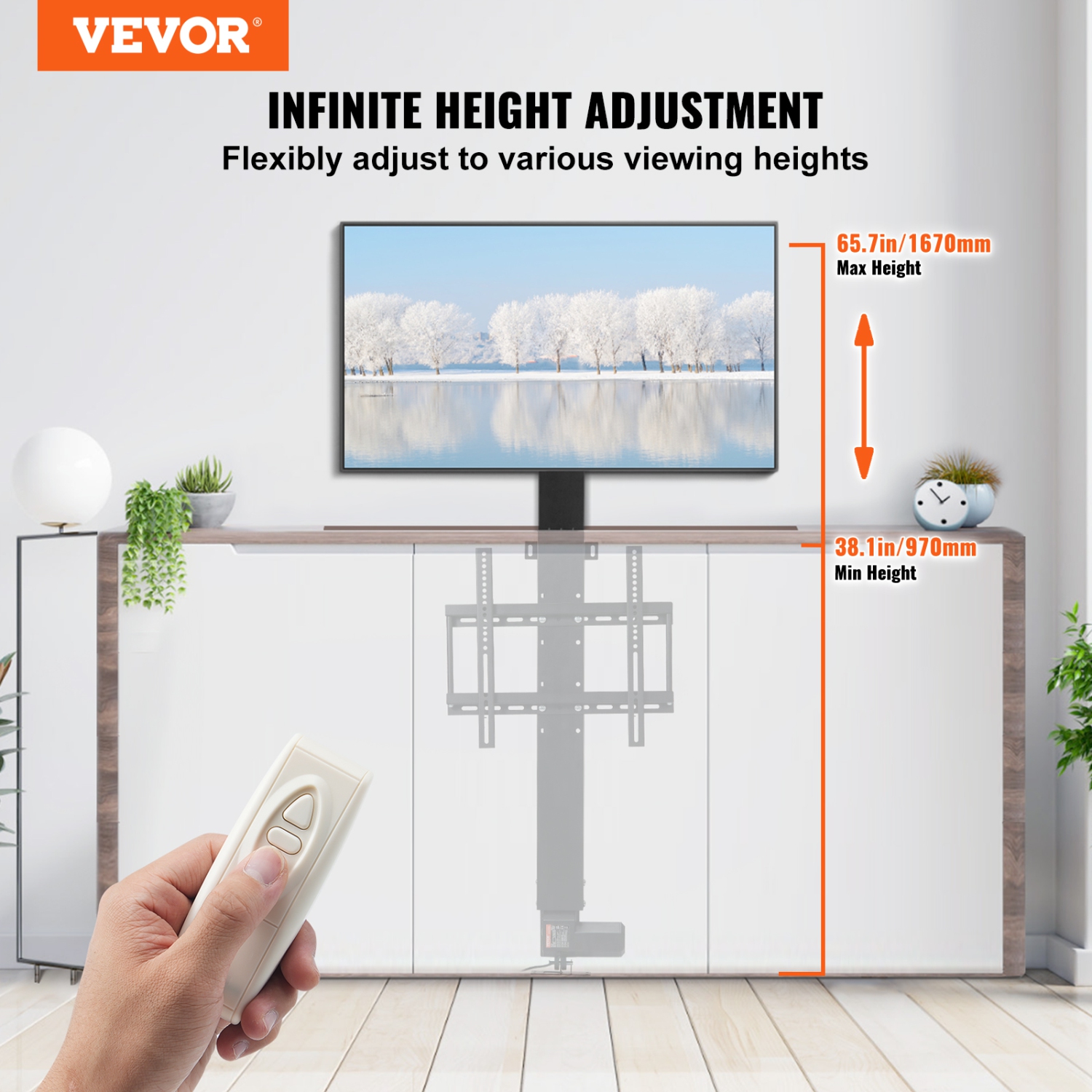 VEVOR 28" Stroke Automated TV Elevator for Up to 50" Screens, with Adjustable Height from 38" to 65", Remote Controlled, Supports up to 132 lbs