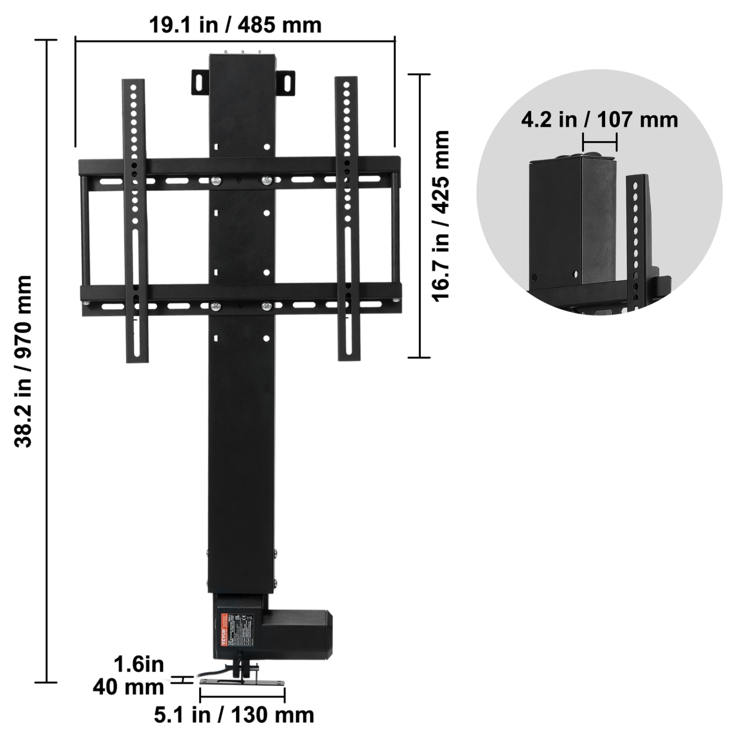 VEVOR 28" Stroke Automated TV Elevator for Up to 50" Screens, with Adjustable Height from 38" to 65", Remote Controlled, Supports up to 132 lbs
