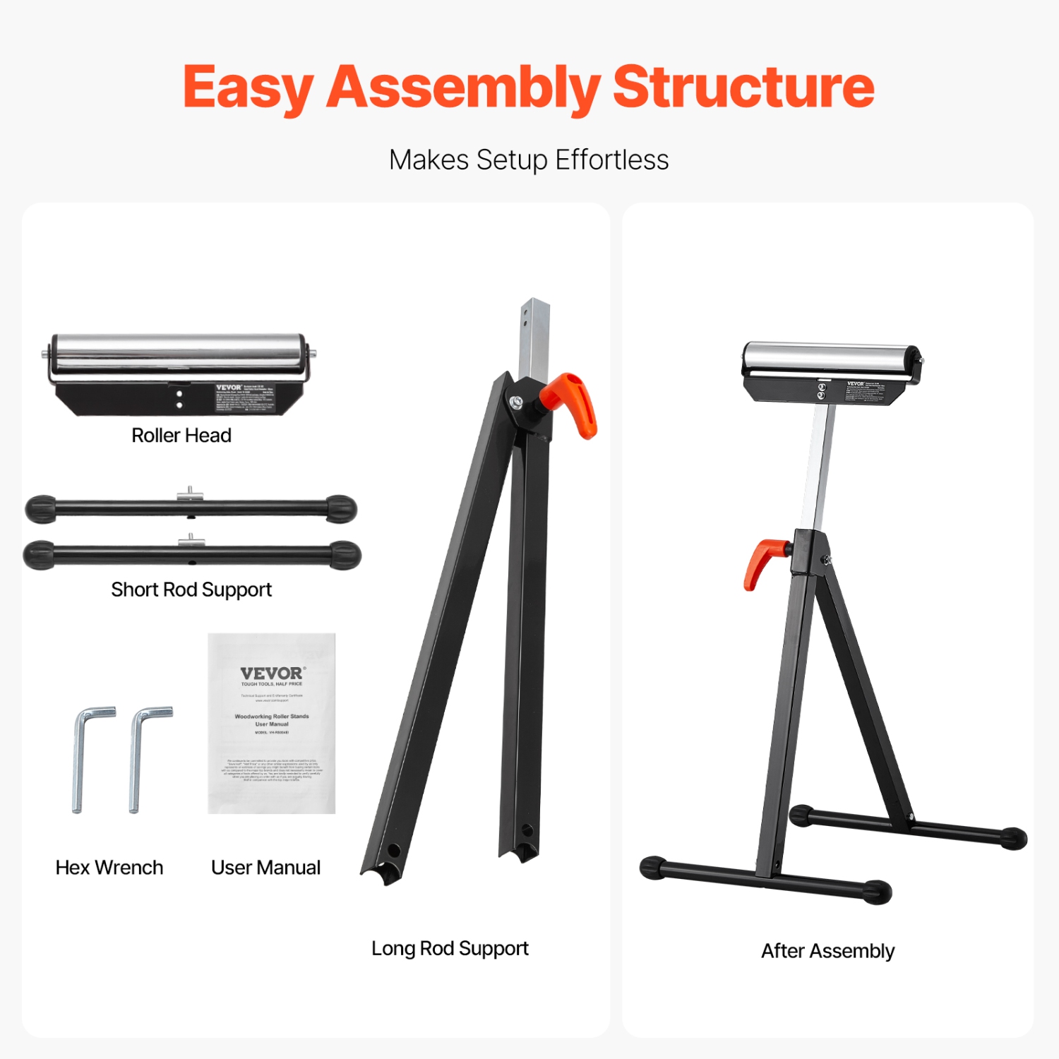 VEVOR 2-Pack Roller Stands, 135 lbs L. C., 26.8-42.5'' Adjustable Height, Folding Heavy Duty with 11.5 in Polished Steel Head, for Table Saw Outfeed