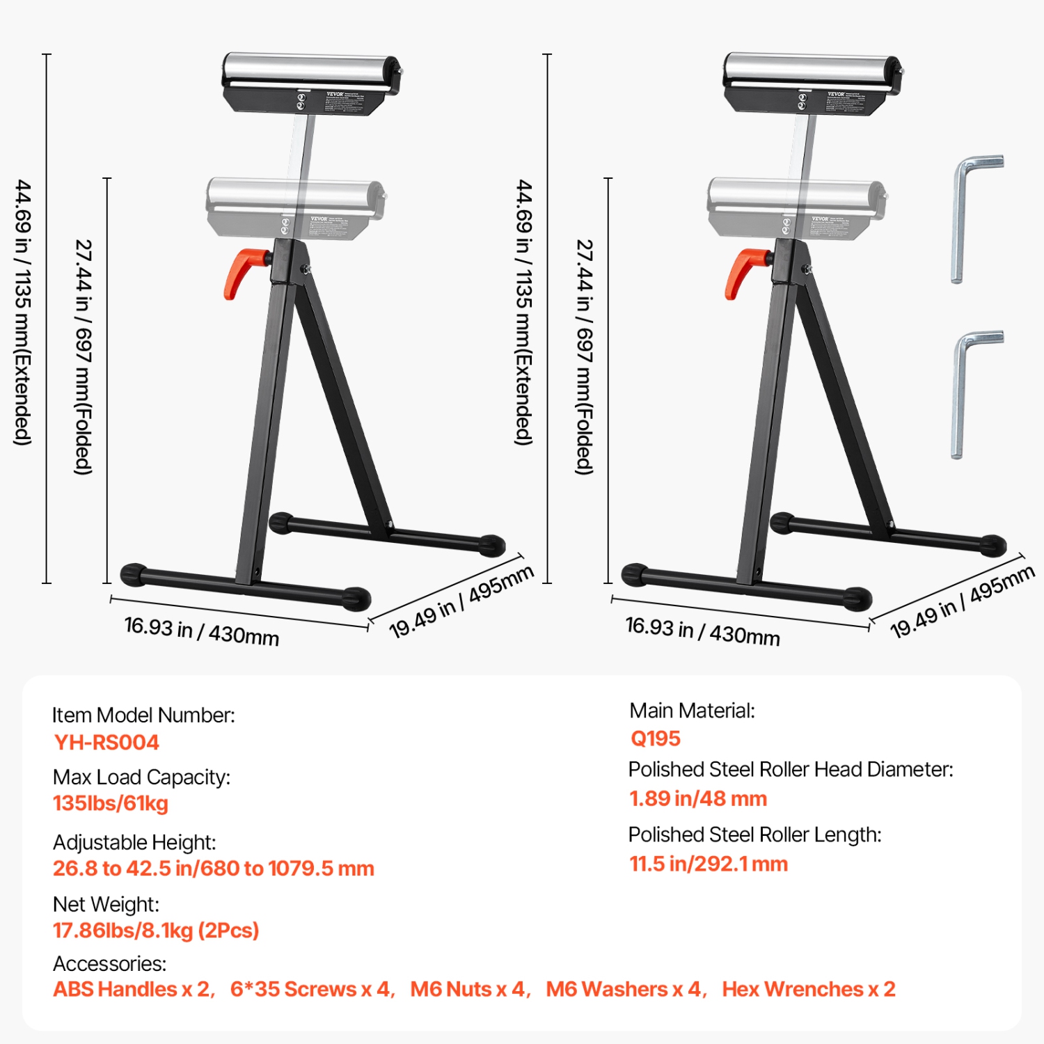 VEVOR 2-Pack Roller Stands, 135 lbs L. C., 26.8-42.5'' Adjustable Height, Folding Heavy Duty with 11.5 in Polished Steel Head, for Table Saw Outfeed