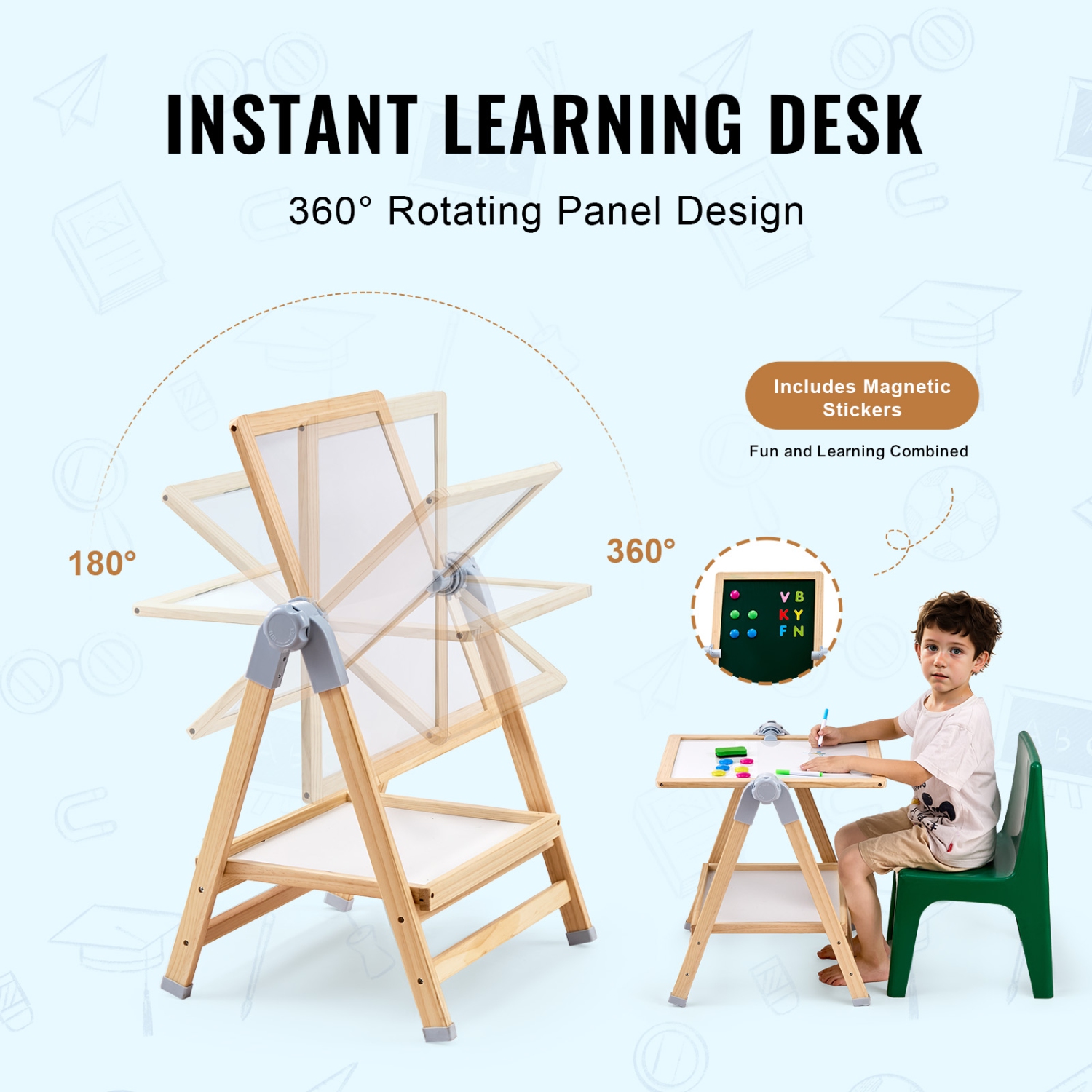 VEVOR 2-in-1 Art Easel for Kids, Wooden Double-Sided Kid's Art Easel with Magnetic Whiteboard & Chalkboard, Adjustable Standing Rotatable Board with