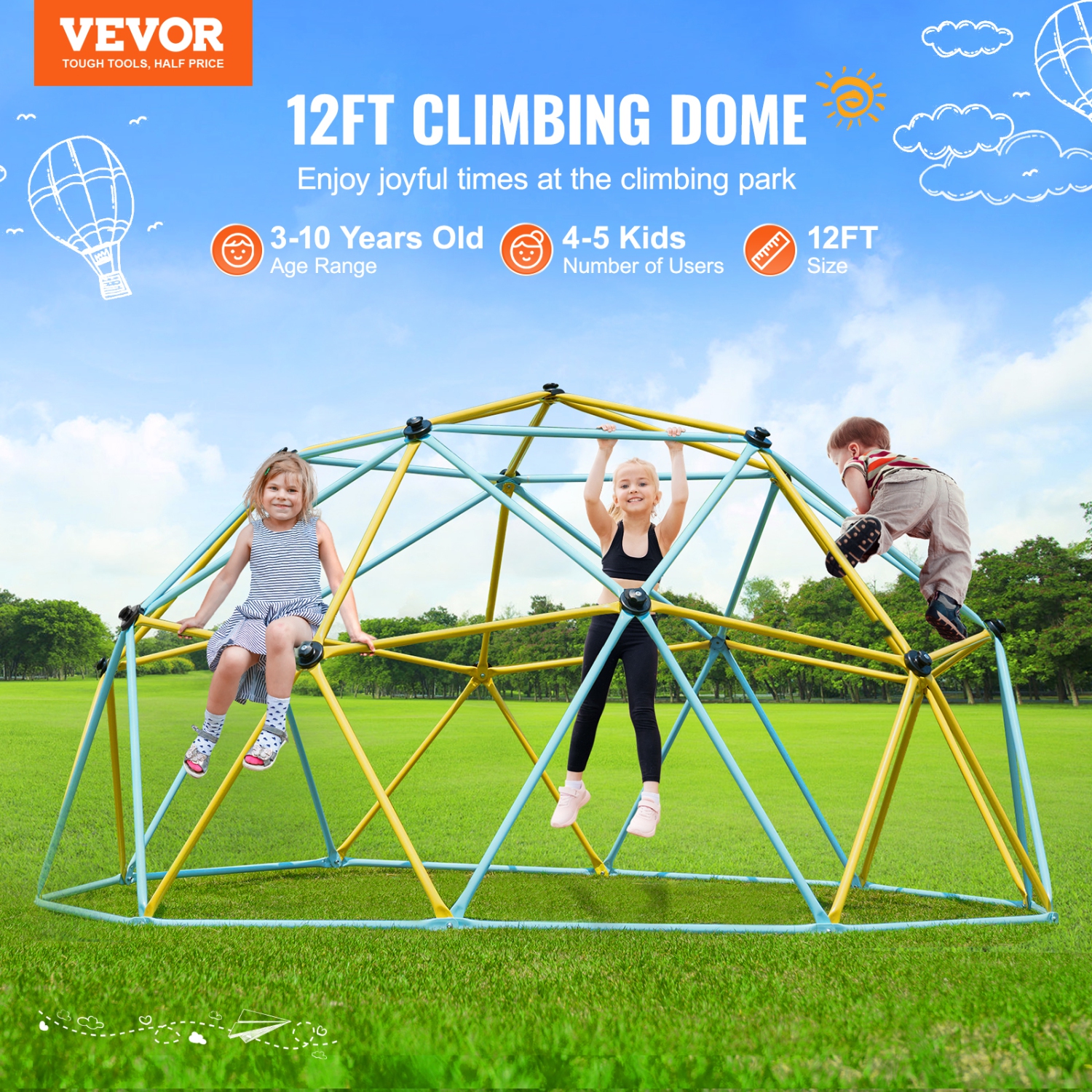 VEVOR 12FT Climbing Dome,Jungle Gym Supports 750LBS and Easy Assembly, Geometric Dome Climber Play Center for Kids 3-10 Years Old, with Climbing