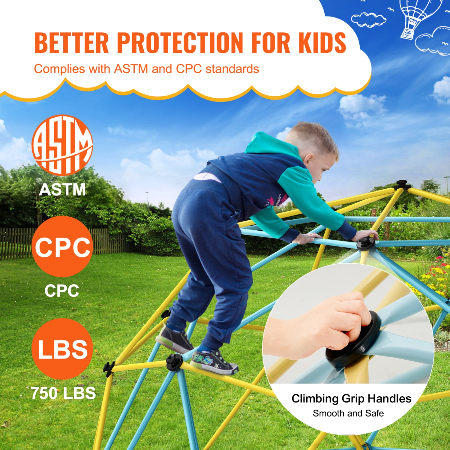 VEVOR 12FT Climbing Dome,Jungle Gym Supports 750LBS and Easy Assembly, Geometric Dome Climber Play Center for Kids 3-10 Years Old, with Climbing