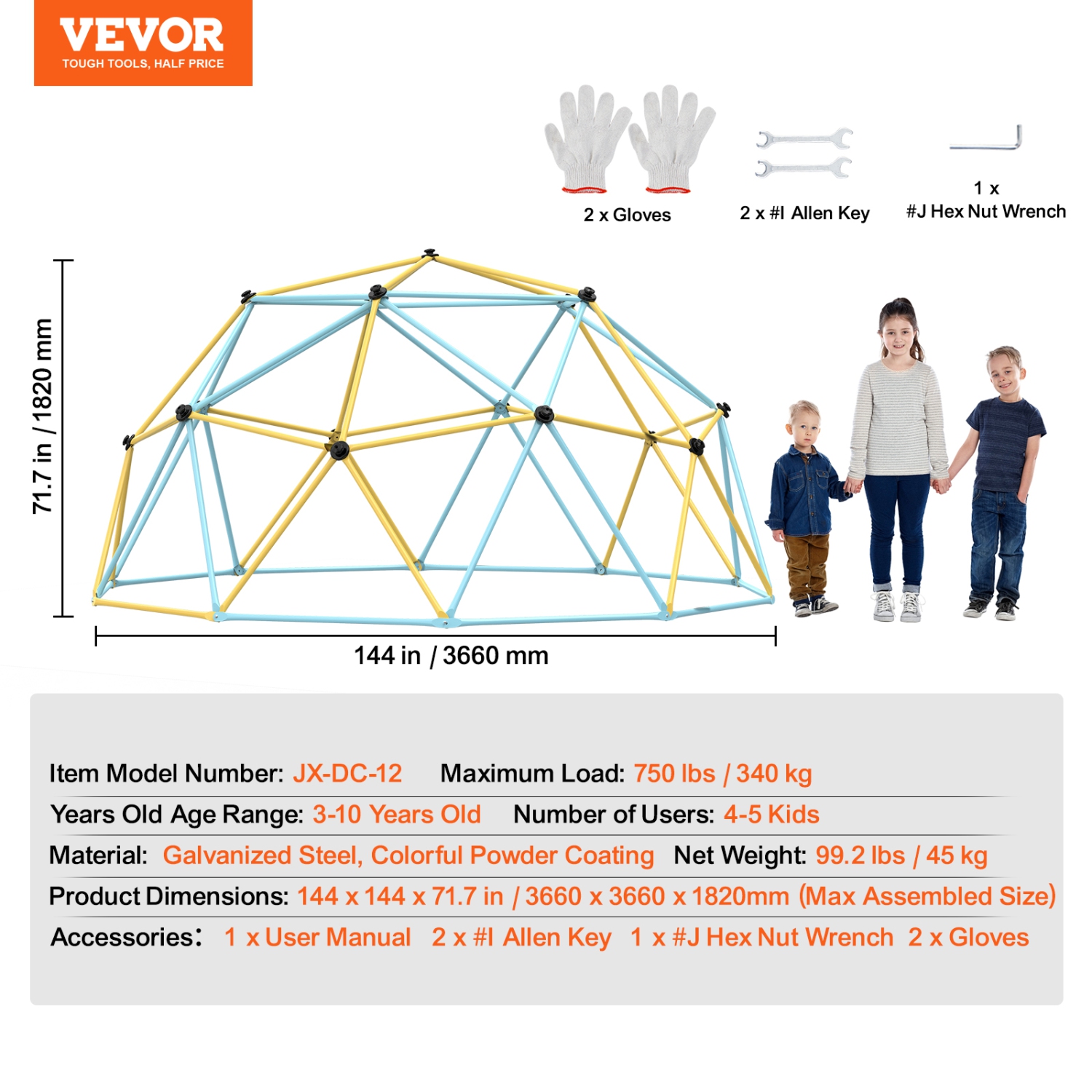 VEVOR 12FT Climbing Dome,Jungle Gym Supports 750LBS and Easy Assembly, Geometric Dome Climber Play Center for Kids 3-10 Years Old, with Climbing