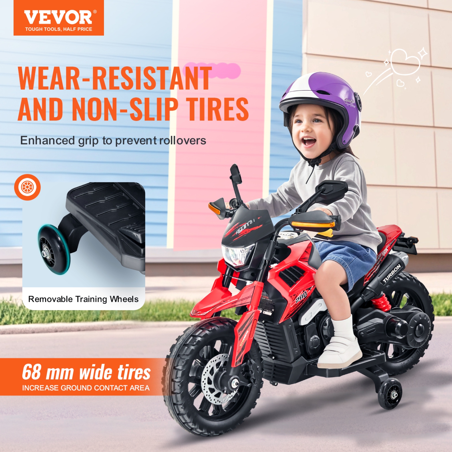 VEVOR Kids Ride On Motorcycle, 12V Battery Powered Motorcycle with Speed Up to 3mph, Detachable Training Wheels, Headlight, LED Light, Music,