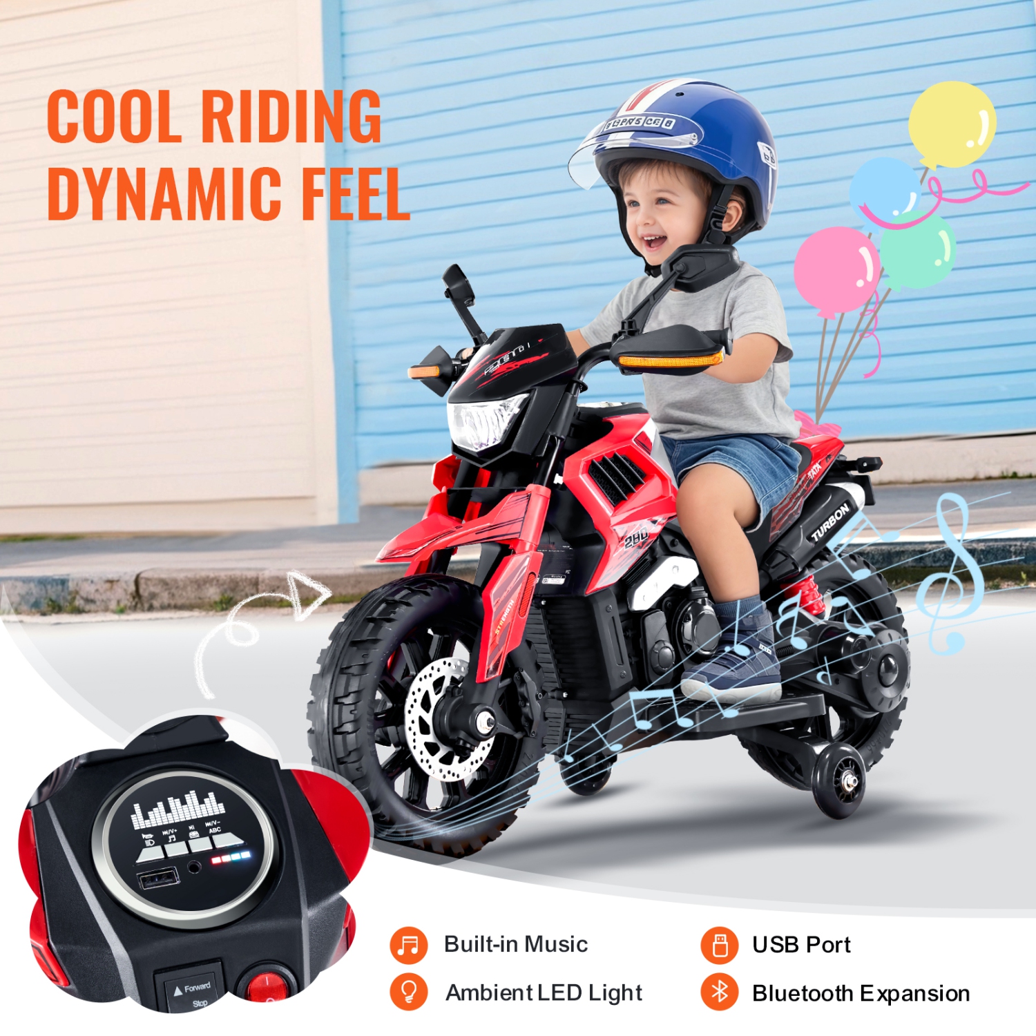 VEVOR Kids Ride On Motorcycle, 12V Battery Powered Motorcycle with Speed Up to 3mph, Detachable Training Wheels, Headlight, LED Light, Music,