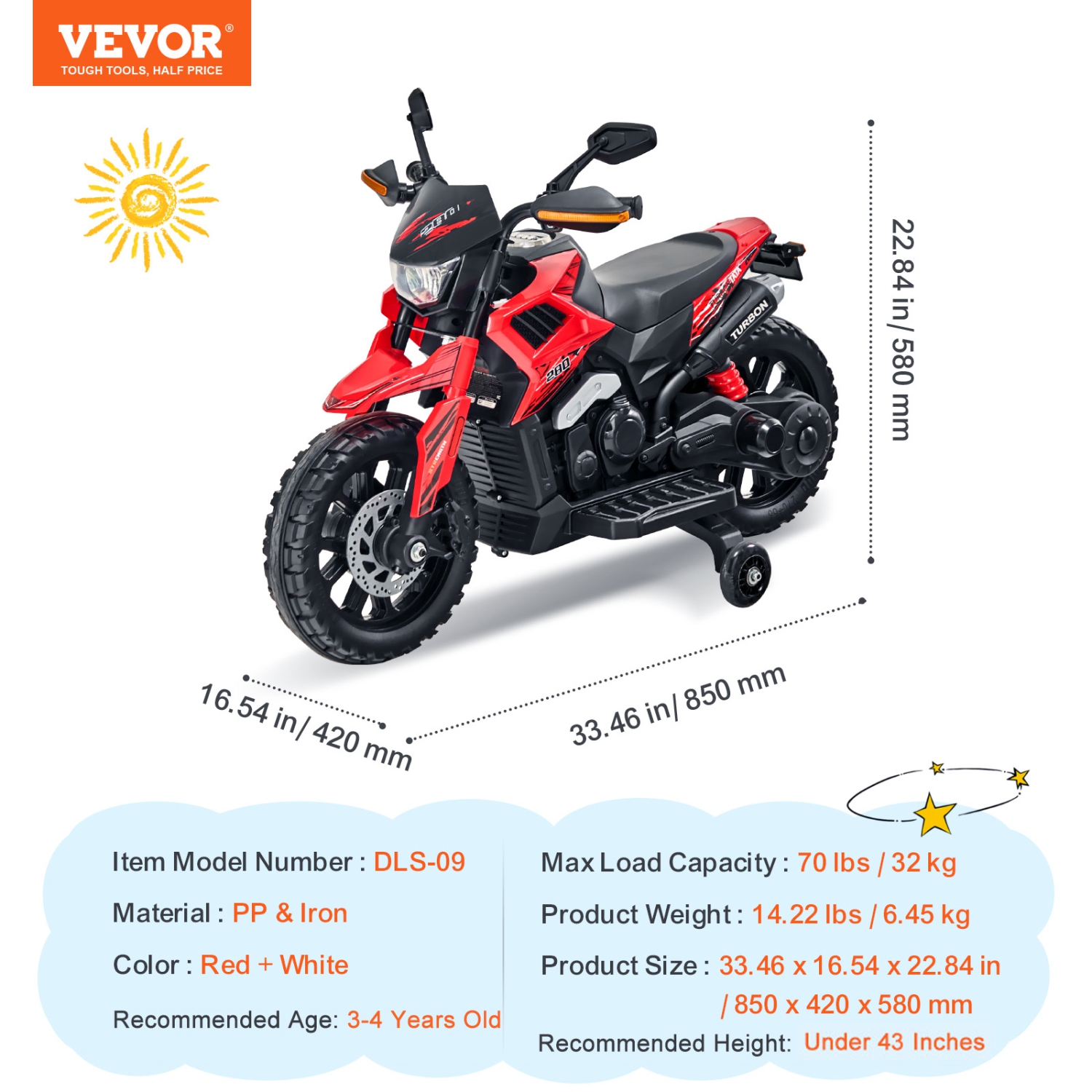 VEVOR Kids Ride On Motorcycle, 12V Battery Powered Motorcycle with Speed Up to 3mph, Detachable Training Wheels, Headlight, LED Light, Music,