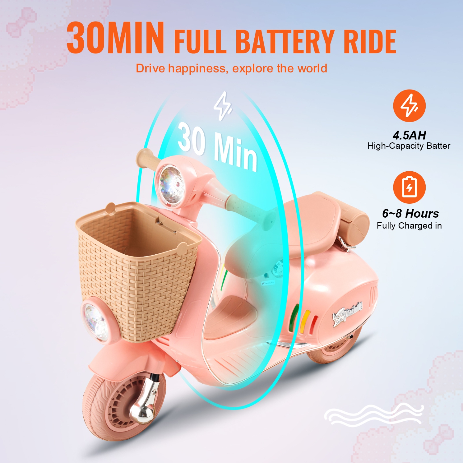 VEVOR Kids Ride On Motorcycle, 6V Battery Powered Motorcycle Trike with Speed Up to 2mph, Headlight, LED Light, Music, Bluetooth, Basket, 3-Wheel