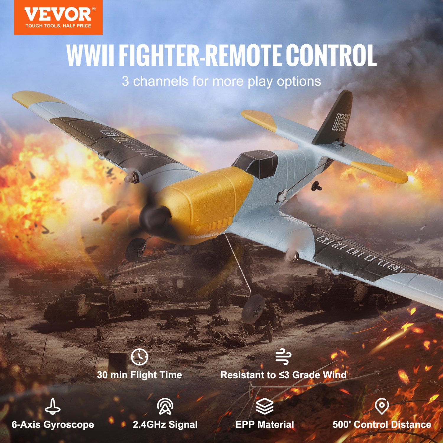 VEVOR 2.4GHZ RC Plane, 3 Channel Remote Control Airplane with 6-Axis Gyro Stabilizer, Fighter Aircraft Plane Toy with 2 Batteries, Easy to Fly RC