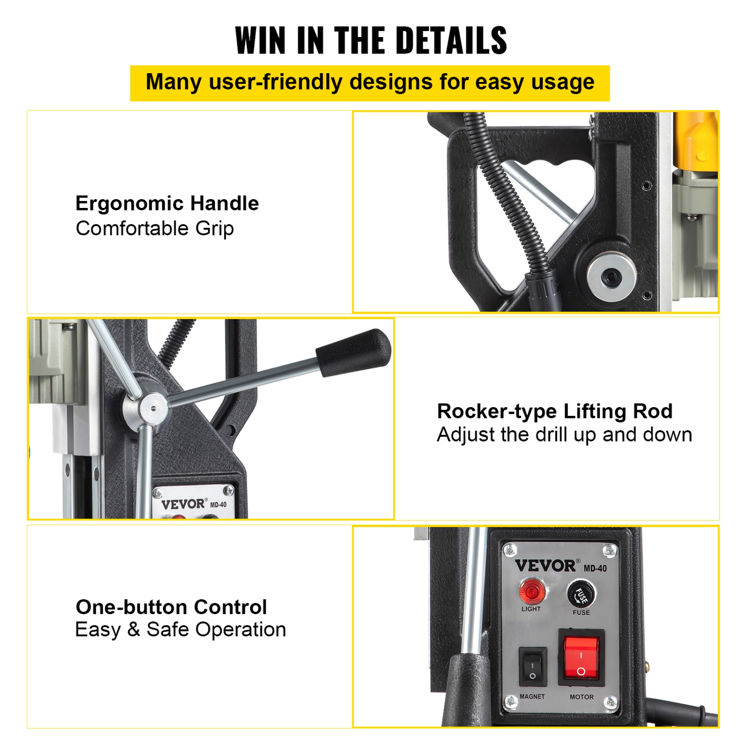 VEVOR 1100W Magnetic Drill, 1.57" Boring Diameter, 2697lbf/12000N Mag Drill Press with 12 Drilling Bits, 580RPM Max Speed Drilling Machine for any