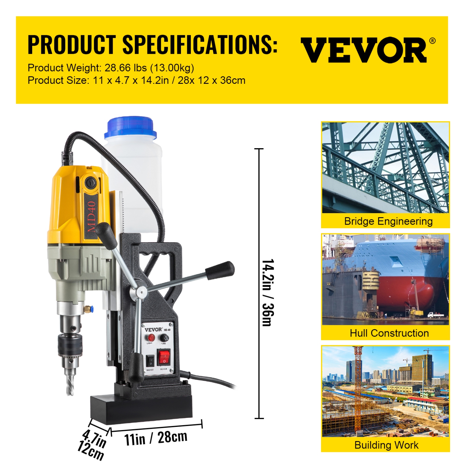 VEVOR 1100W Magnetic Drill, 1.57" Boring Diameter, 2697lbf/12000N Mag Drill Press with 12 Drilling Bits, 580RPM Max Speed Drilling Machine for any