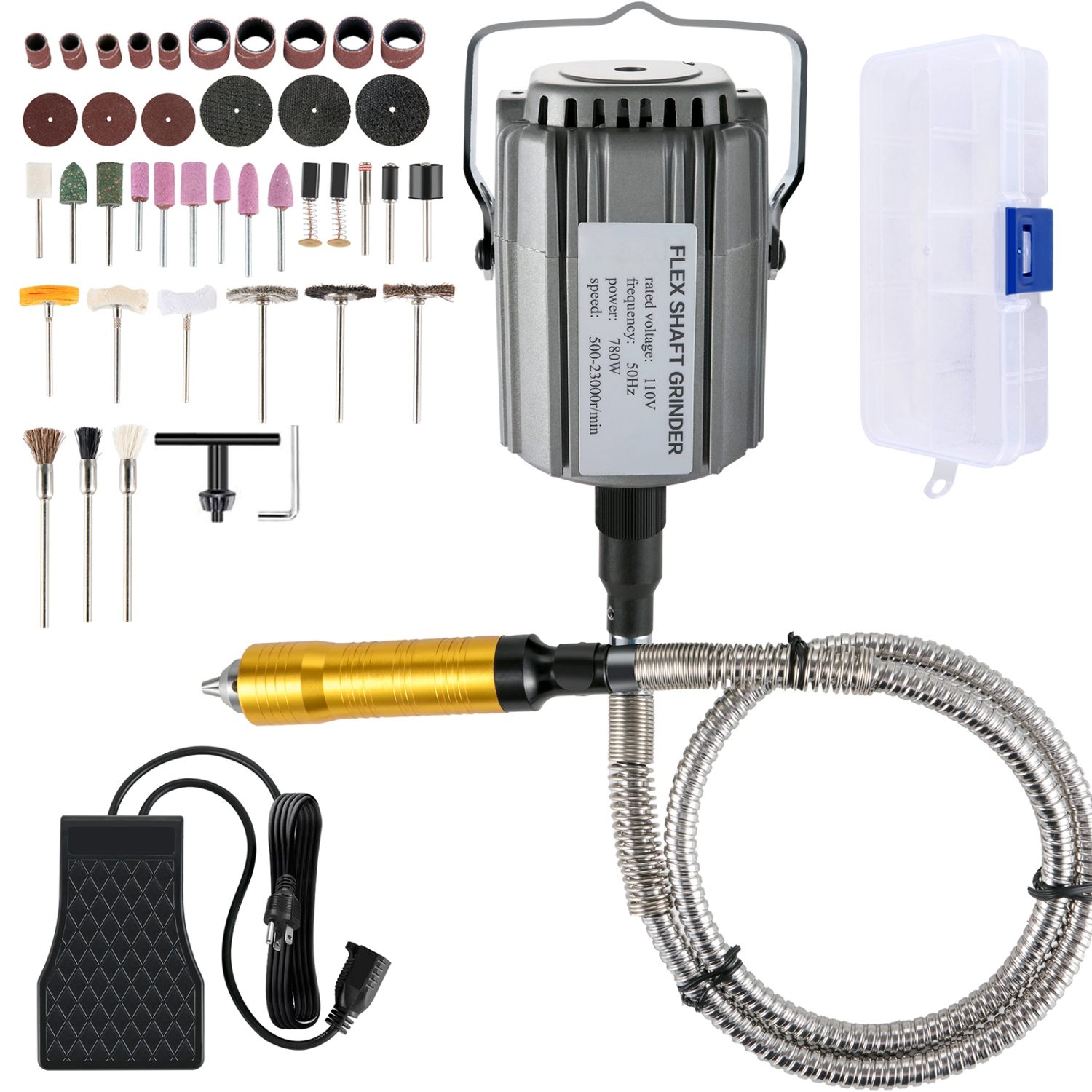 VEVOR 780W Flex Shaft Grinder, Rotary Tool, 500-23000RPM with 1/4" 3-Jaw Chuck & Stepless Speed Pedal, Hanging Grinding Machine, 131PCS Accessories