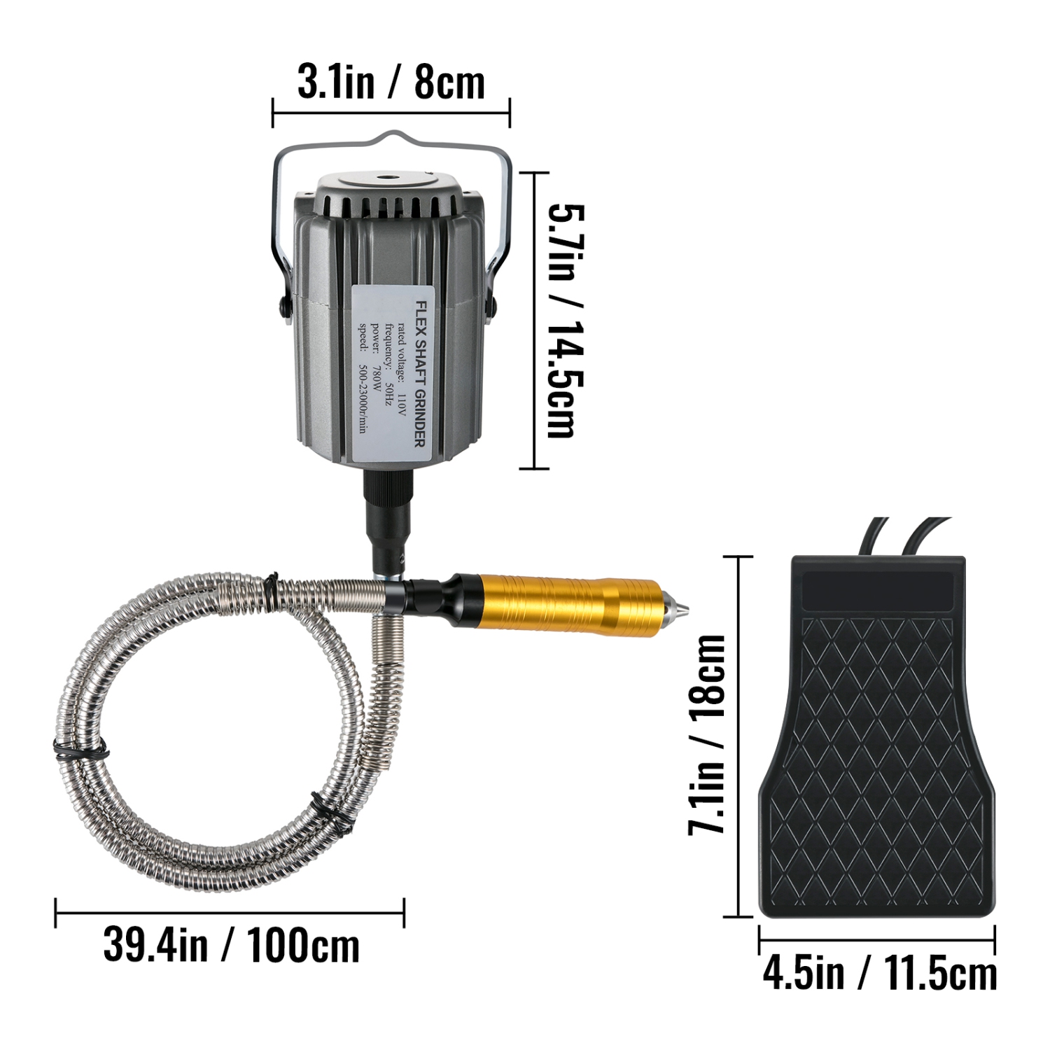 VEVOR 780W Flex Shaft Grinder, Rotary Tool, 500-23000RPM with 1/4" 3-Jaw Chuck & Stepless Speed Pedal, Hanging Grinding Machine, 131PCS Accessories