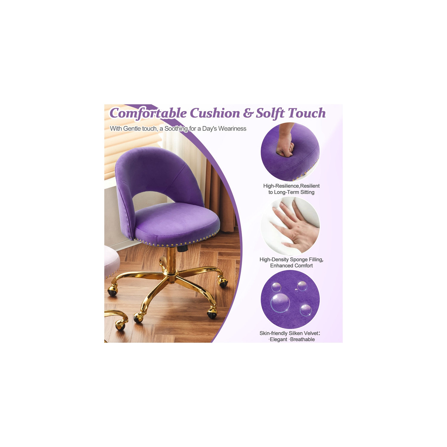 Purple Task Chair Office Desk Chair Make Up Chair With Wheels