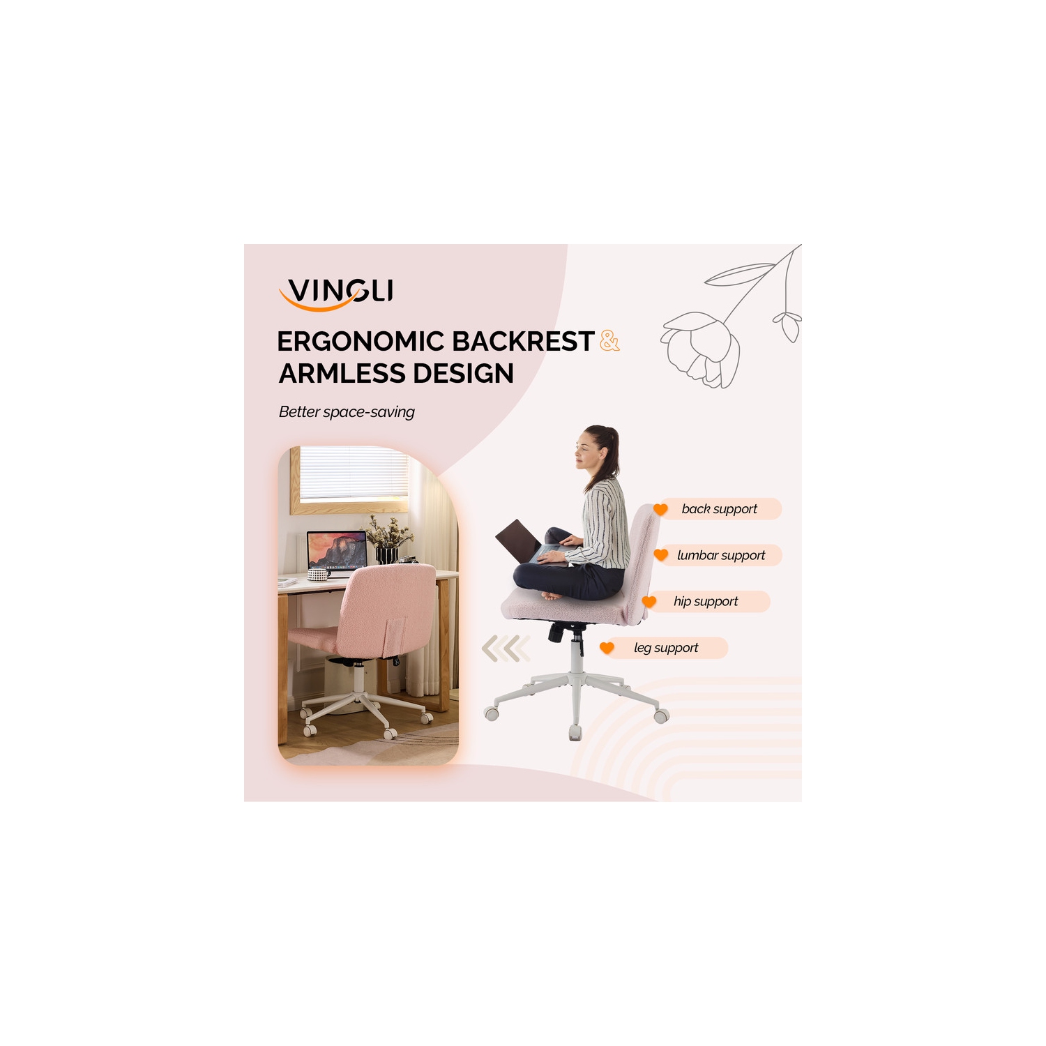 Pink 25" W Cat's Claw Leather Adjustable Height Swivel Office Chair