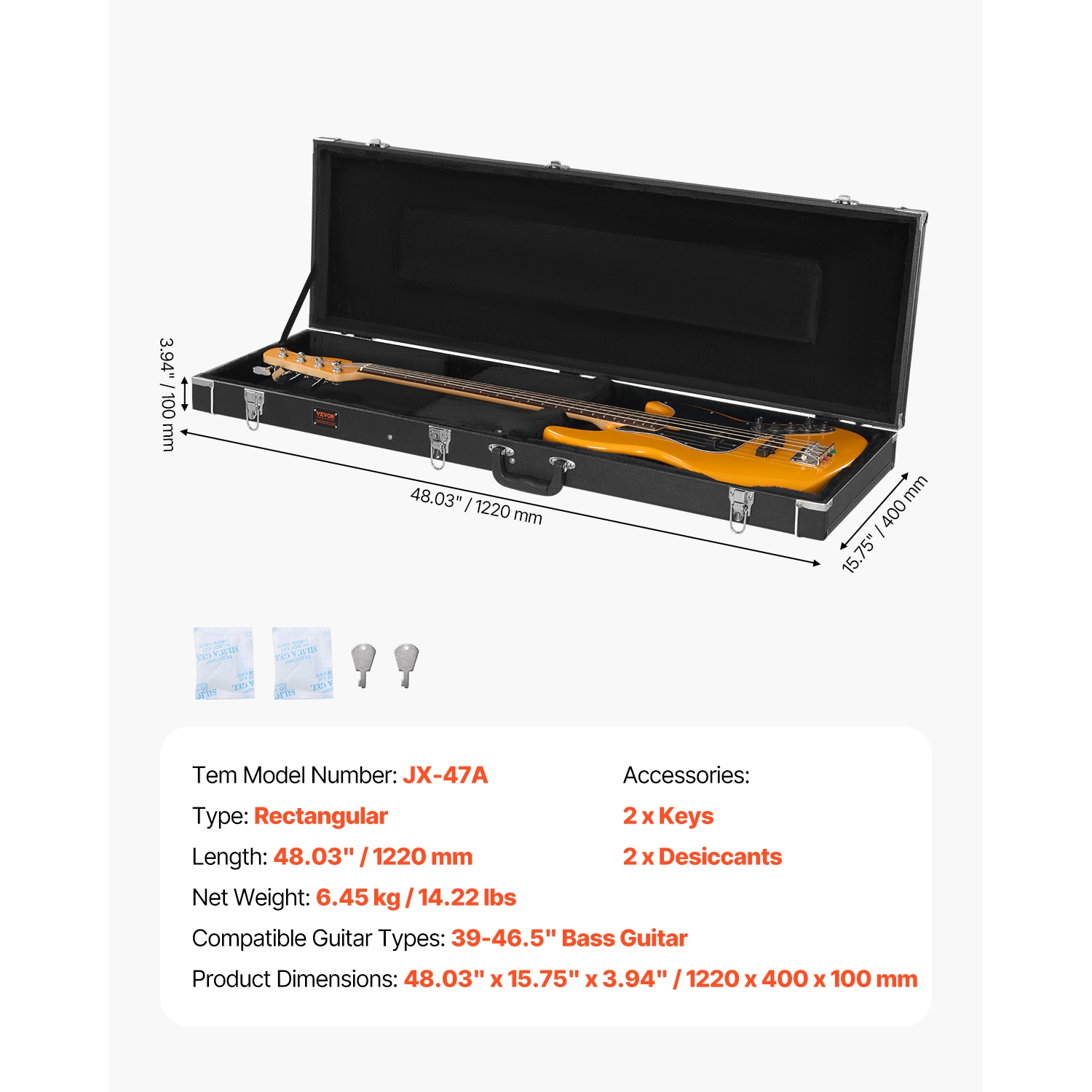 Étui rigide pour guitare basse VEVOR 48,03 po, rectangulaire, avec poignée à verrou, doublure douce en PVC, étuis rigides résistants à