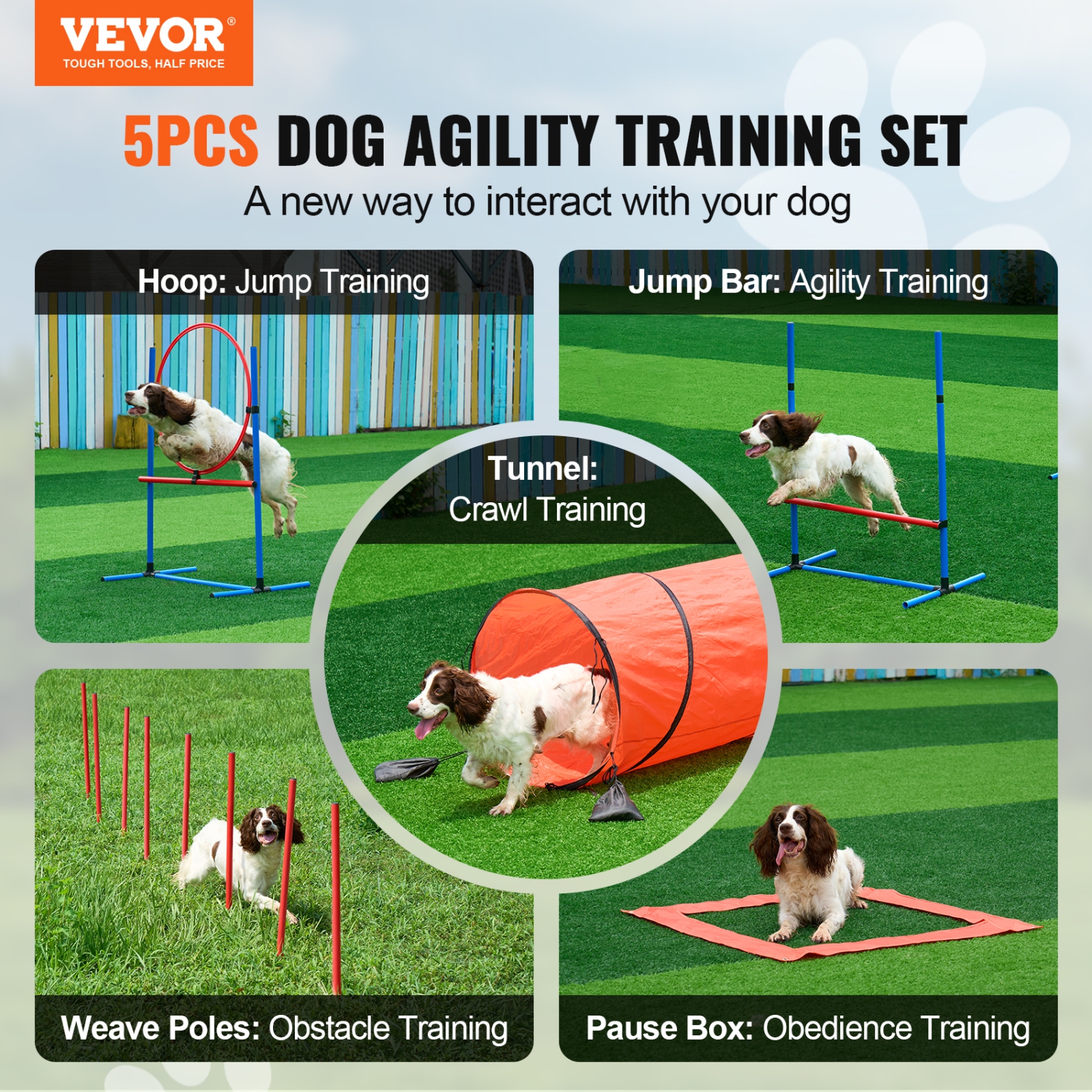 VEVOR 5PCS Combination Set Dog Agility Training Equipment, with Adjustable Hurdles, 6 Weave Poles, Tunnel, Jump Ring, Pause Box, Whistle, Bowl, Puppy