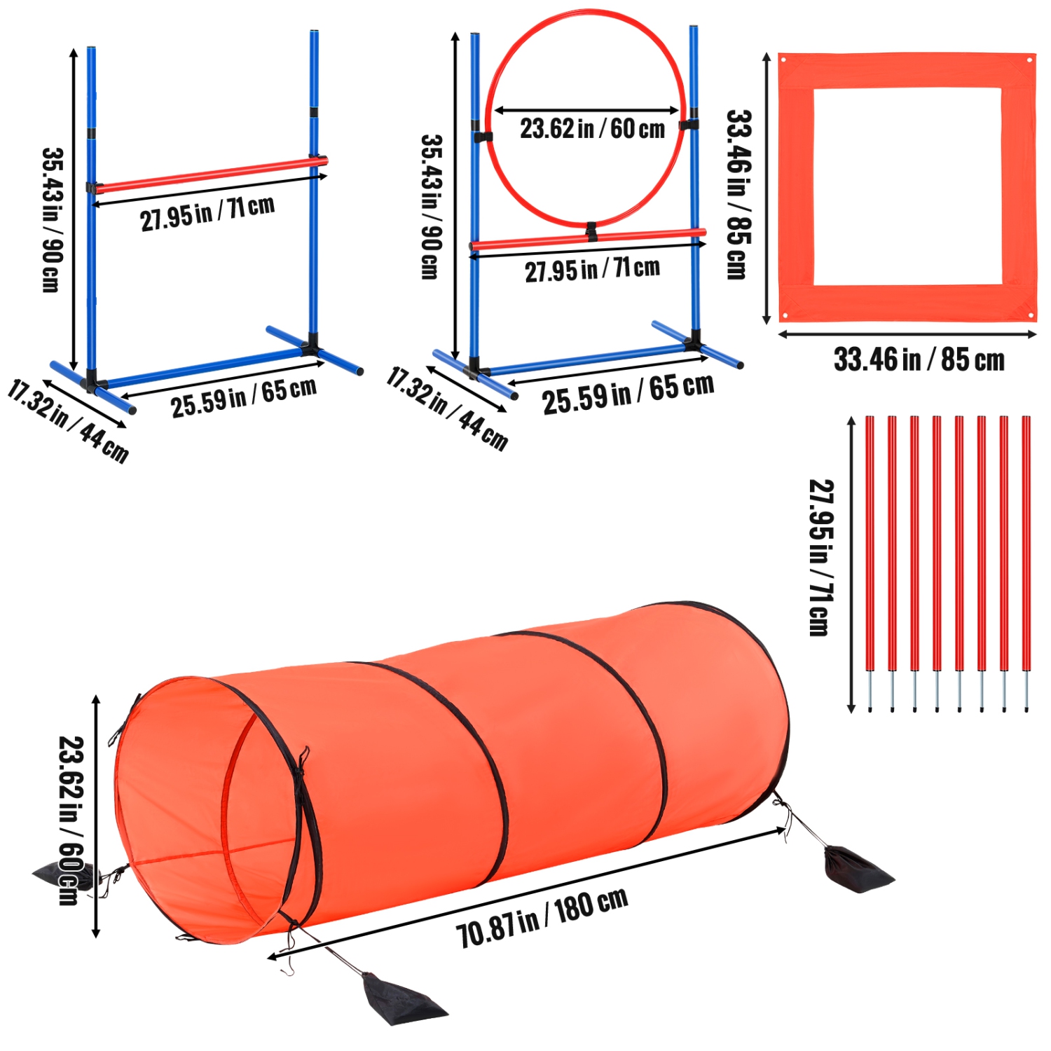 VEVOR 5PCS Combination Set Dog Agility Training Equipment, with Adjustable Hurdles, 6 Weave Poles, Tunnel, Jump Ring, Pause Box, Whistle, Bowl, Puppy
