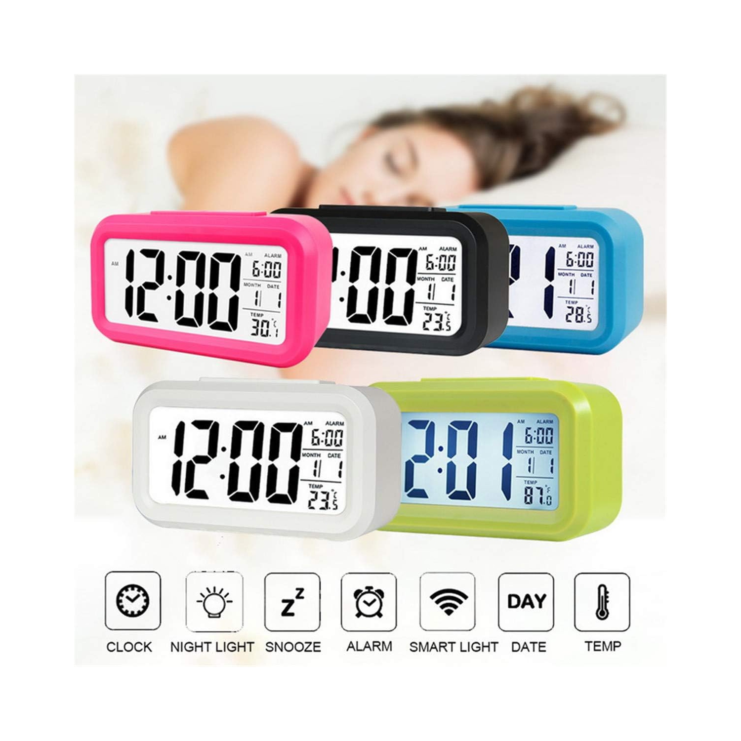 Horloge électronique de bureau LCD Réveil numérique Réveille-matin, rétroéclairage, rappel d'alarme, calendrier silencieux, bureau - vert