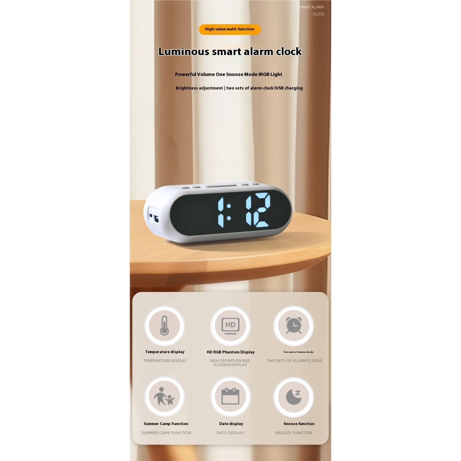 Réveille-matin de recharge USB multifonctionnel réveille-matin intelligent lumineux RVB à induction contrôlée par la voix