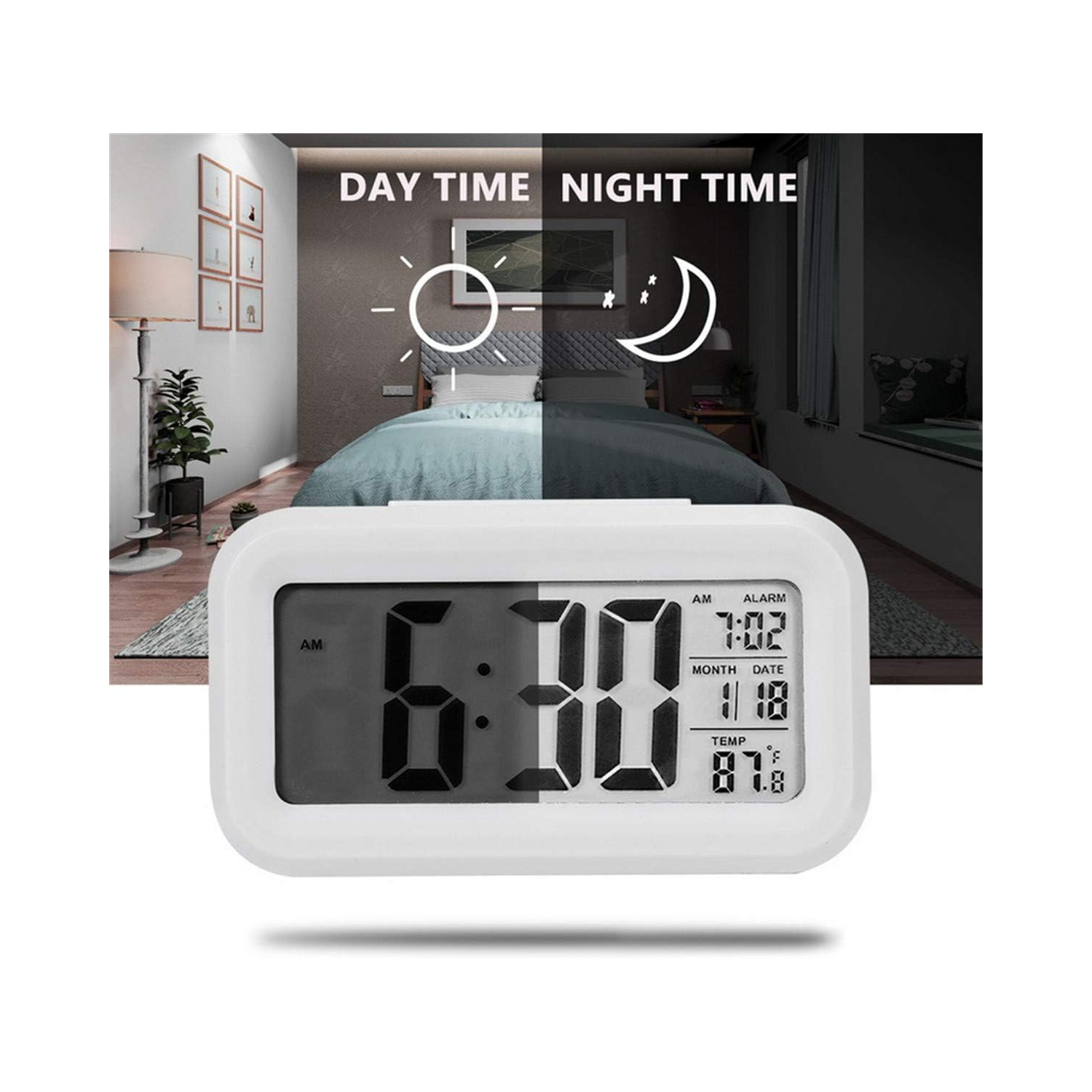 Horloge électronique bureau LCD Réveille-matin numérique, rétroéclairage, rappel d'alarme, bureau, calendrier silencieux - Noir