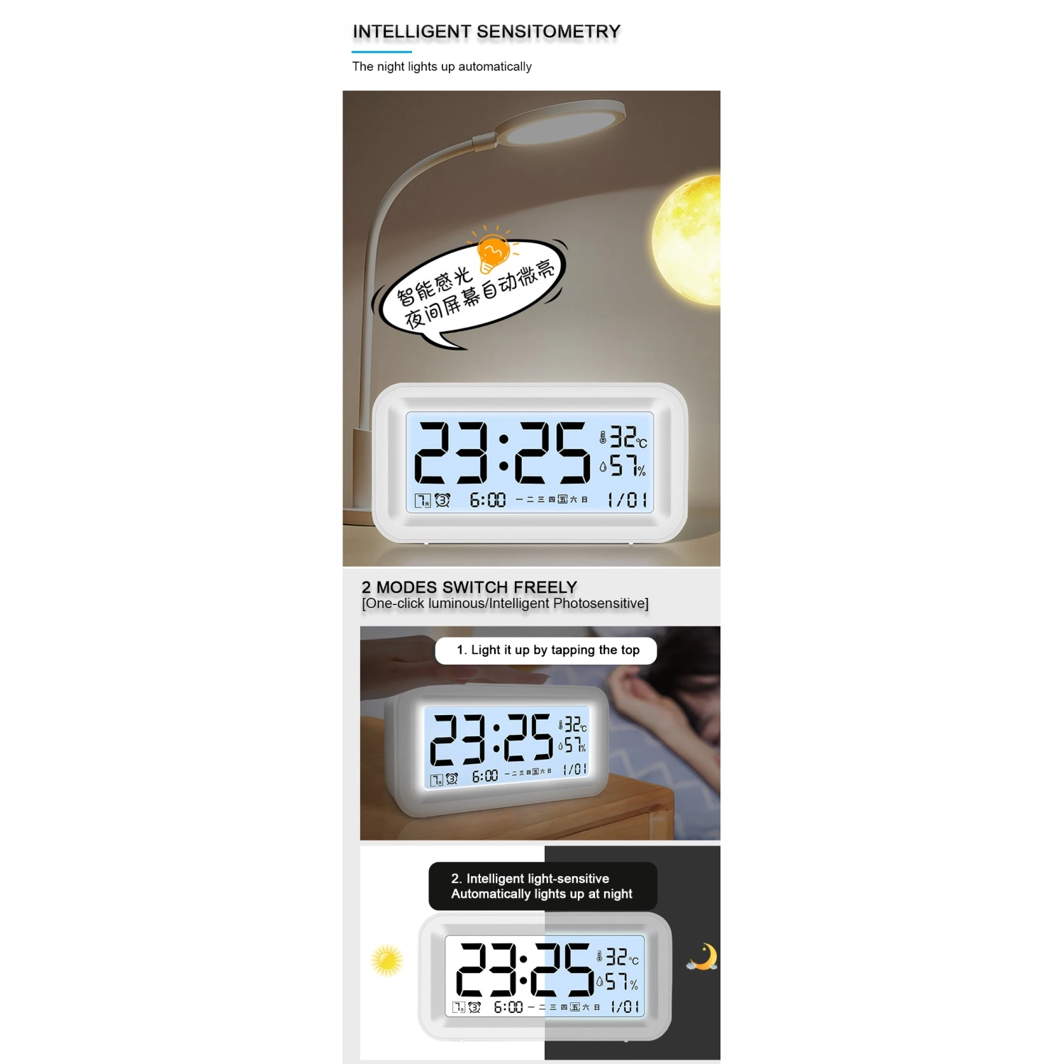 Réveille-matin électronique intelligent pour étudiant Alarme silencieuse de la chambre à piles volume élevé avec alarme de température et d'humidité