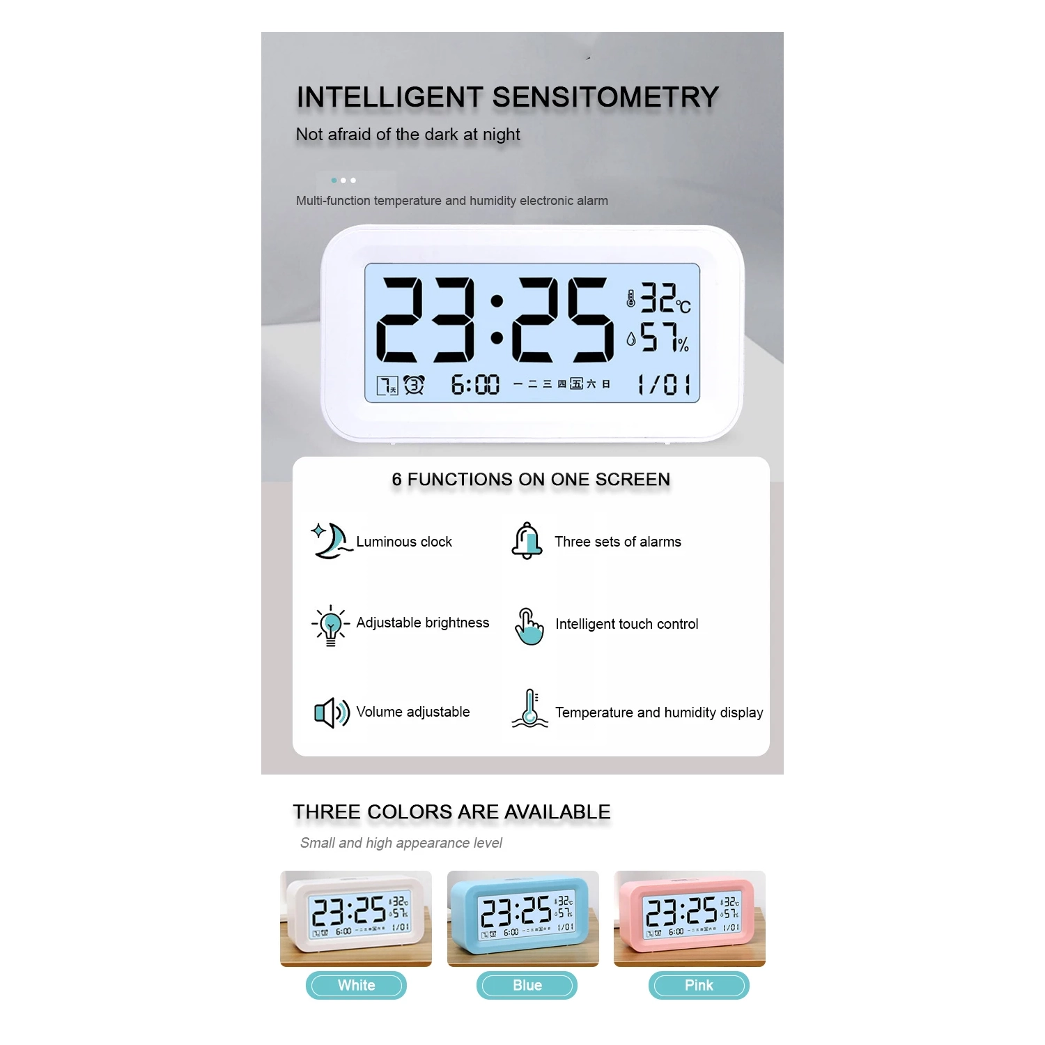 Réveille-matin électronique intelligent pour étudiant Alarme silencieuse de la chambre à piles volume élevé avec alarme de température et d'humidité