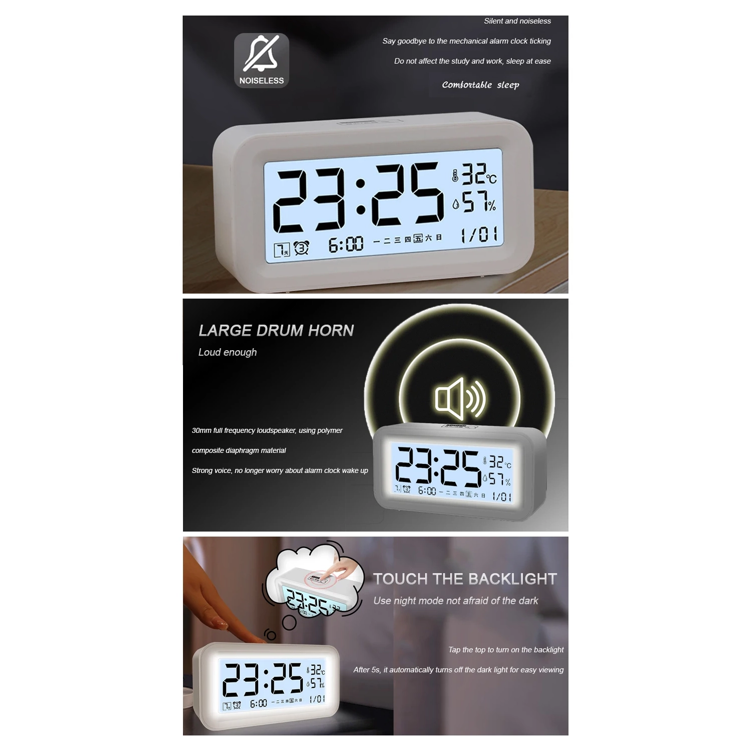 Réveille-matin électronique intelligent pour étudiant Alarme silencieuse de la chambre à piles volume élevé avec alarme de température et d'humidité