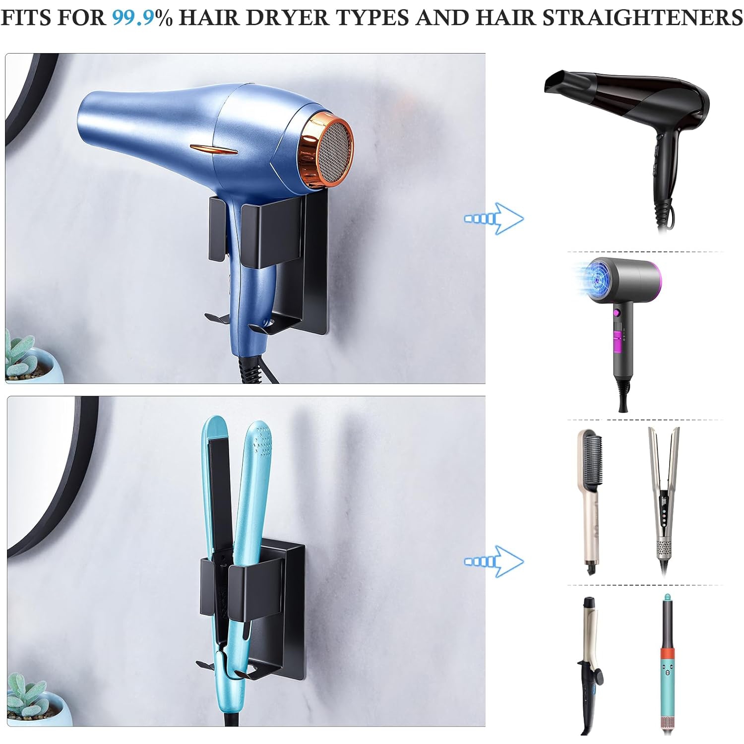 Support pour fer plat, support mural pour fer à friser, support mural pour séchoir-souffleur, support adhésif pour sèche-cheveux, range-tout pour