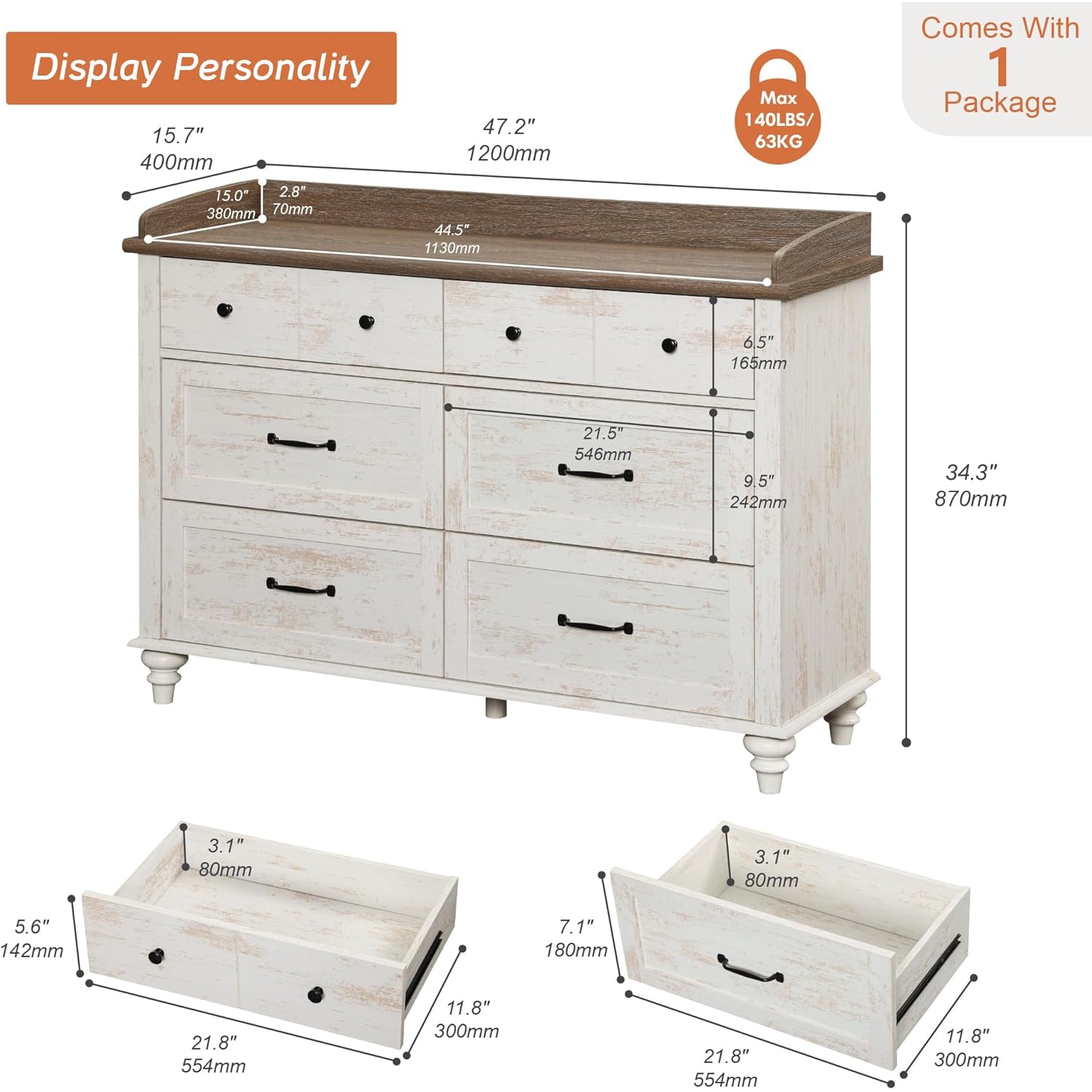 Commode mi-siècle WAMPAT avec 6 tiroirs coulissants, commodes modernes pour enfants avec grand coffre, range-tout en bois blanc Rusic pour le salon,