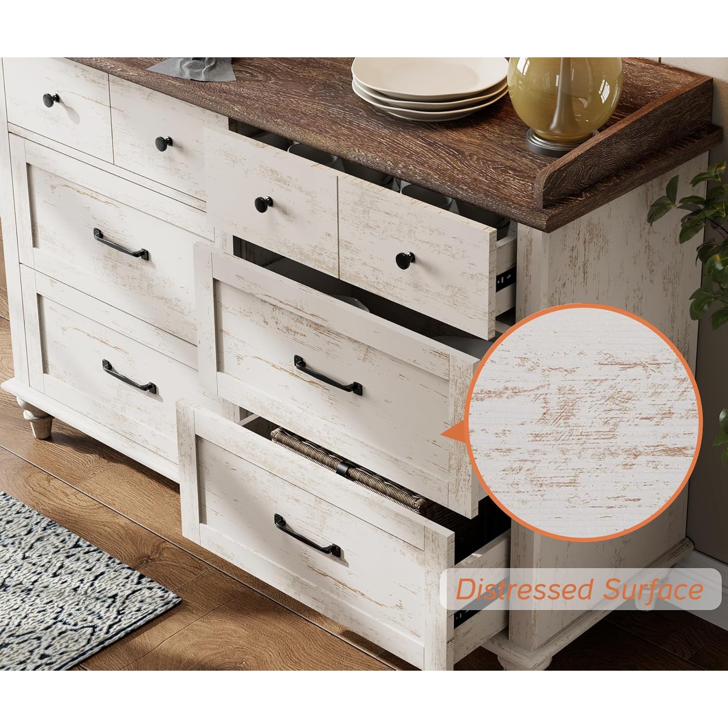 Commode mi-siècle WAMPAT avec 6 tiroirs coulissants, commodes modernes pour enfants avec grand coffre, range-tout en bois blanc Rusic pour le salon,