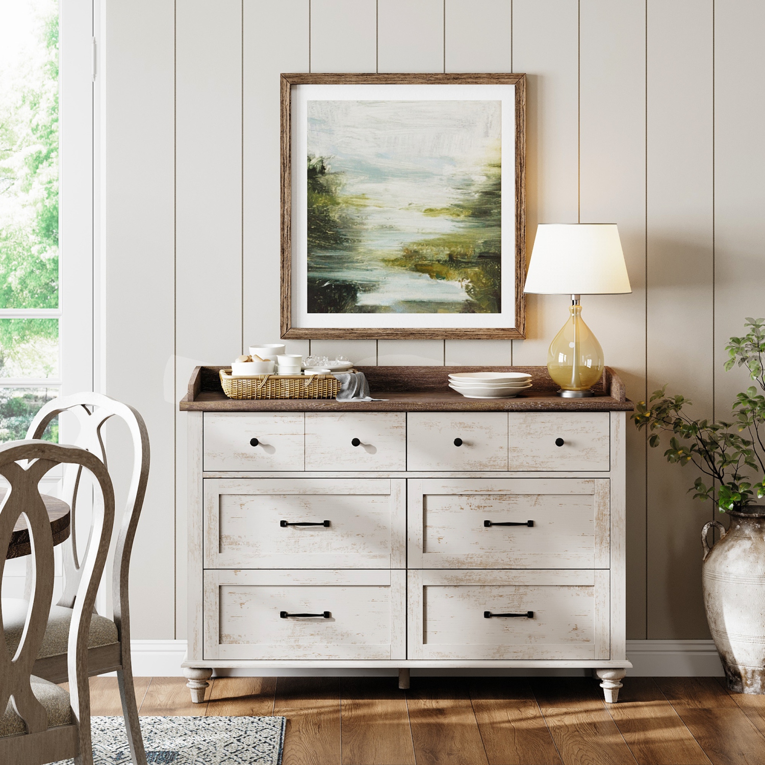 Commode mi-siècle WAMPAT avec 6 tiroirs coulissants, commodes modernes pour enfants avec grand coffre, range-tout en bois blanc Rusic pour le salon,