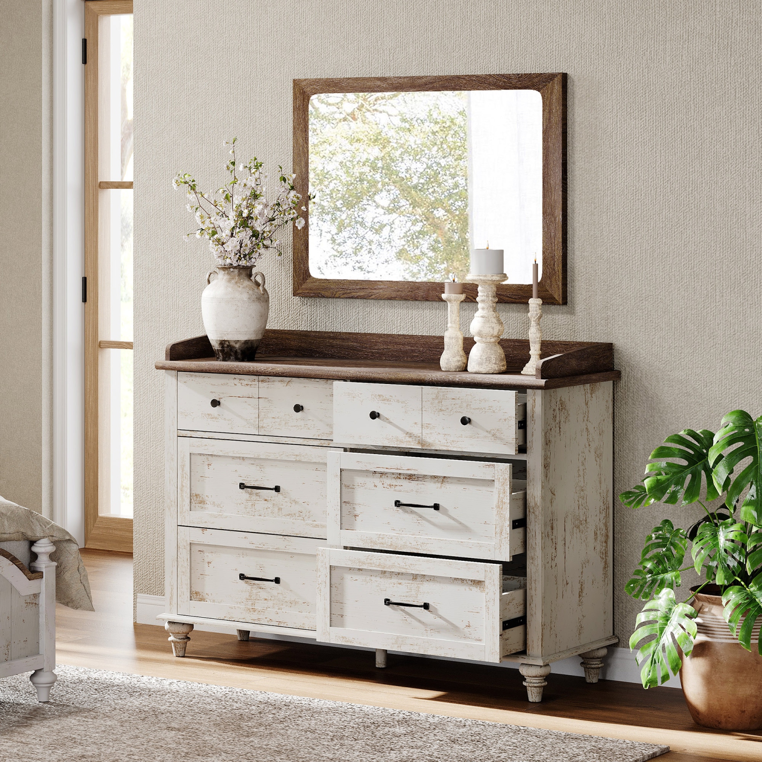 Commode mi-siècle WAMPAT avec 6 tiroirs coulissants, commodes modernes pour enfants avec grand coffre, range-tout en bois blanc Rusic pour le salon,