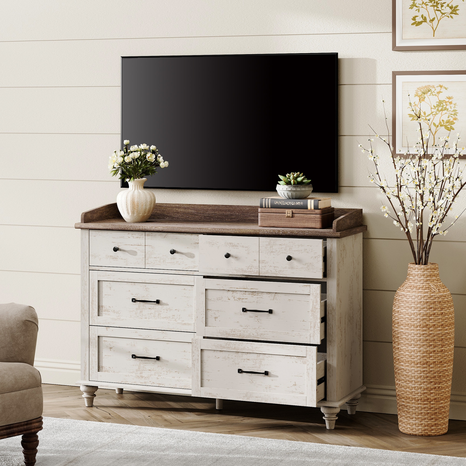 Commode mi-siècle WAMPAT avec 6 tiroirs coulissants, commodes modernes pour enfants avec grand coffre, range-tout en bois blanc Rusic pour le salon,